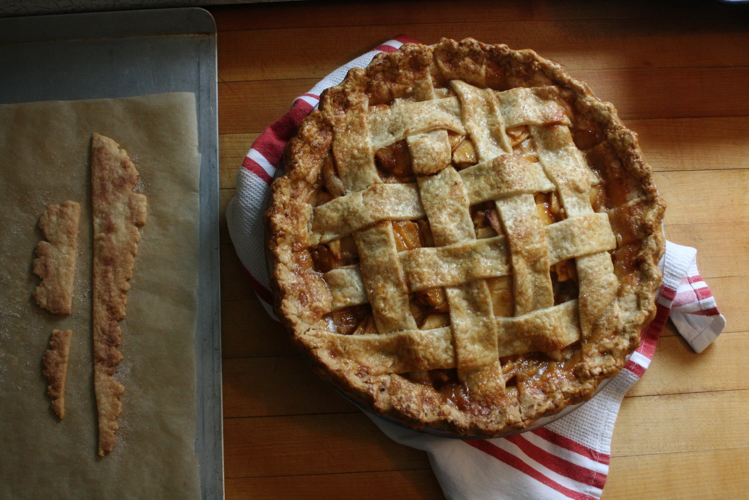 Voilà, the pie is done! As are the cinnamon sugar crust scraps. :) I wish I had taken a picture of the inside; the pie cut beautifully, displaying the tight stacks of just-tender apples with the perfect amount of gorgeous golden juiciness. A real winner, indeed!