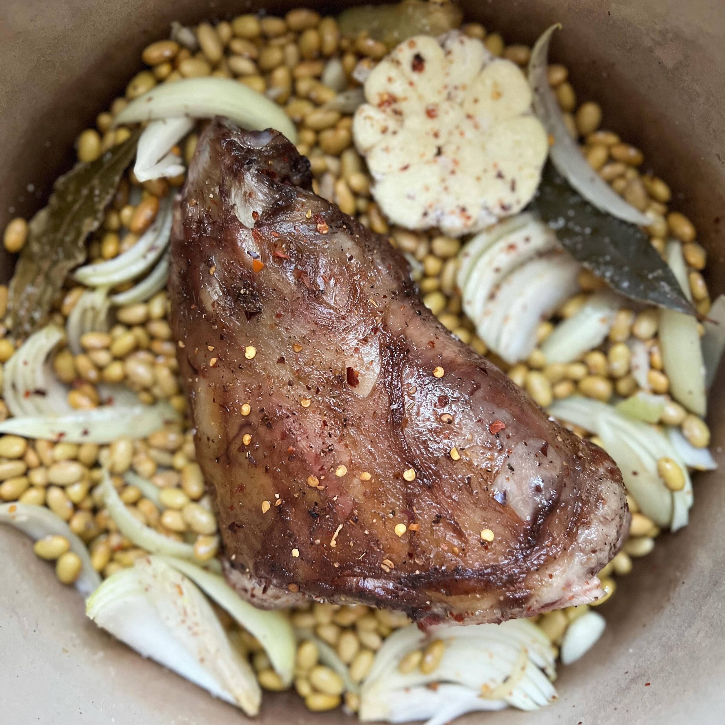 #ArdenPigs pork shank about to take a long nap in the oven with some aromatics &amp; heirloom, dry farmed Peruano beans from @beanstoryco. 😴