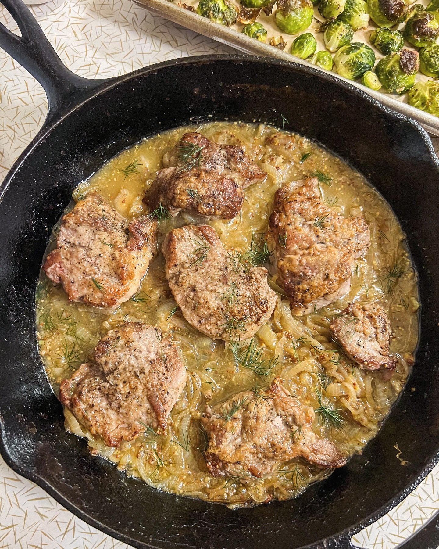 Time was short tonight, but Dave saved the day. He pulled a home-raised tenderloin from the freezer, found a German-inspired recipe* that was practically written for him, and in no time we had juicy pork, mashed potatoes, and roasted Brussels sprouts