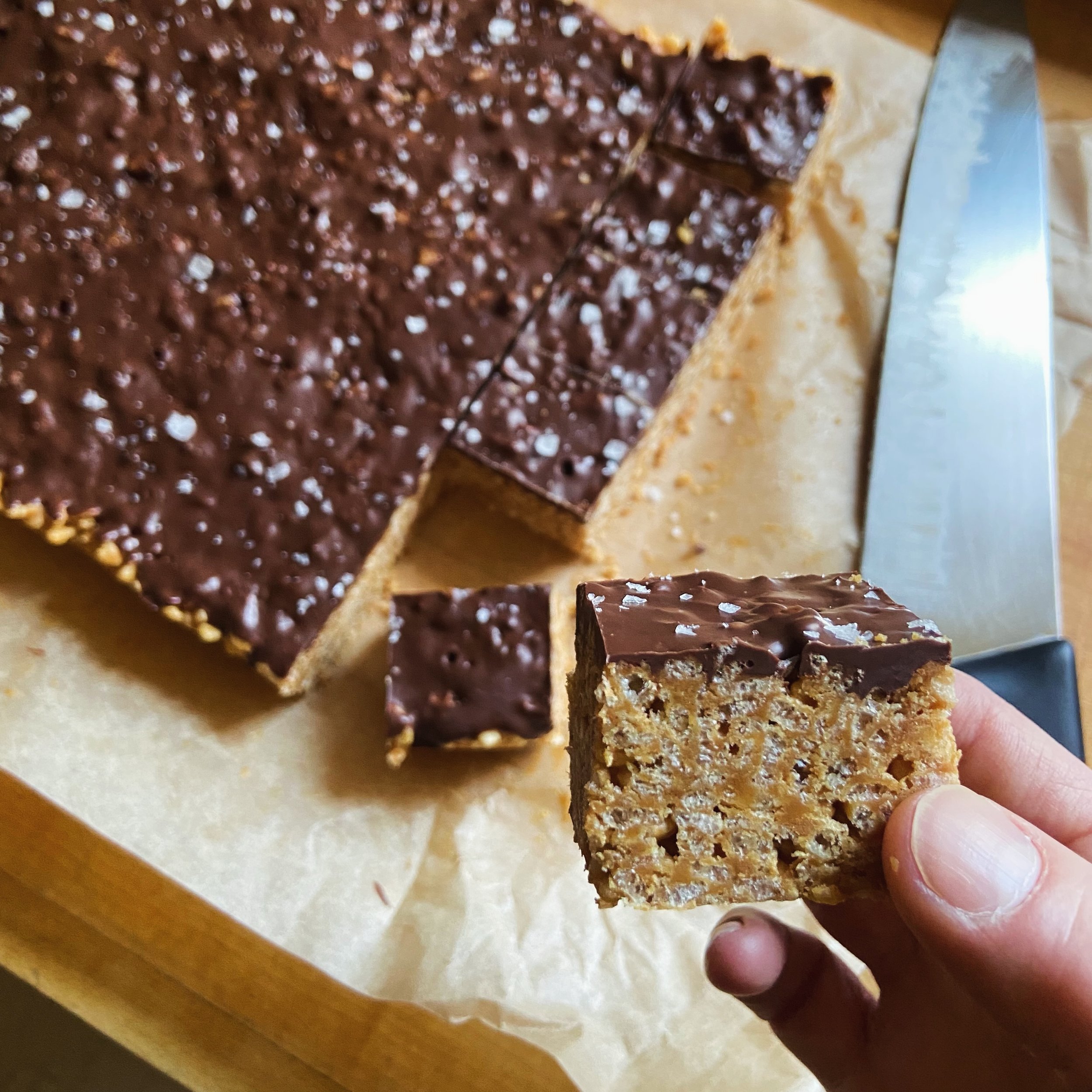 They&rsquo;re bite-sized, they&rsquo;re easy to make, and they&rsquo;re really, really hard to stop eating.

My PB Cara-Sel Crispers taste like a cross between a Butterfinger bar and a Rice Krispies treat, just not as sweet. And they were already rid