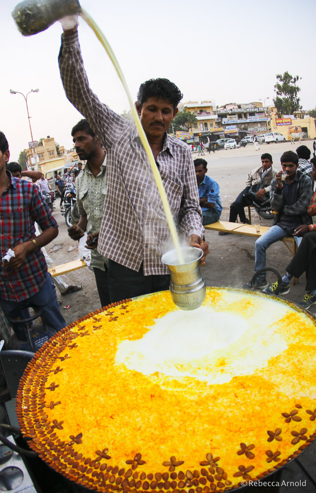 A giant vat of hot milk with saffron and almonds. A local drink in Jaisalmer, near the Pakistani boarder.