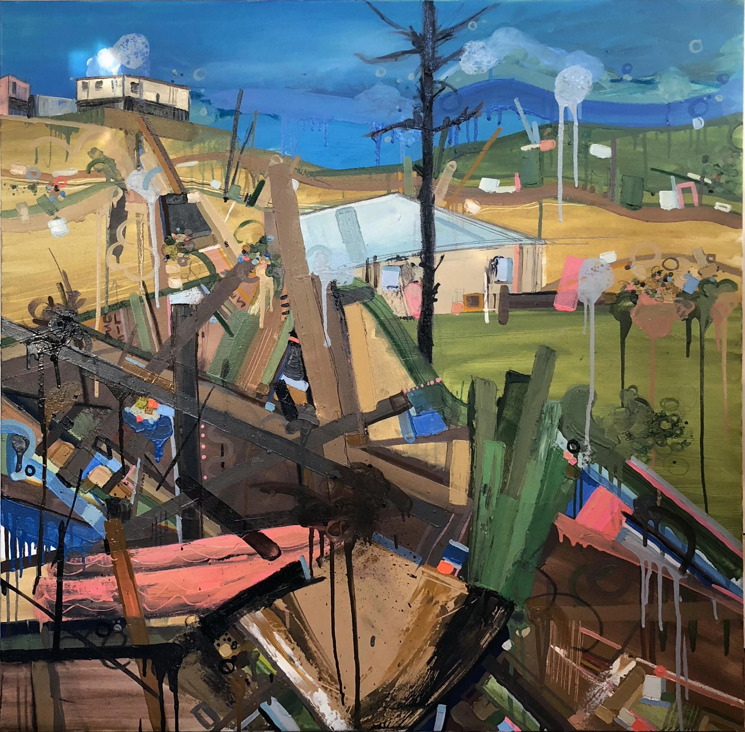 Rico, 2018, Oil, Oil Pastel, Pencil, Marker on canvas, 40 x 40 inches