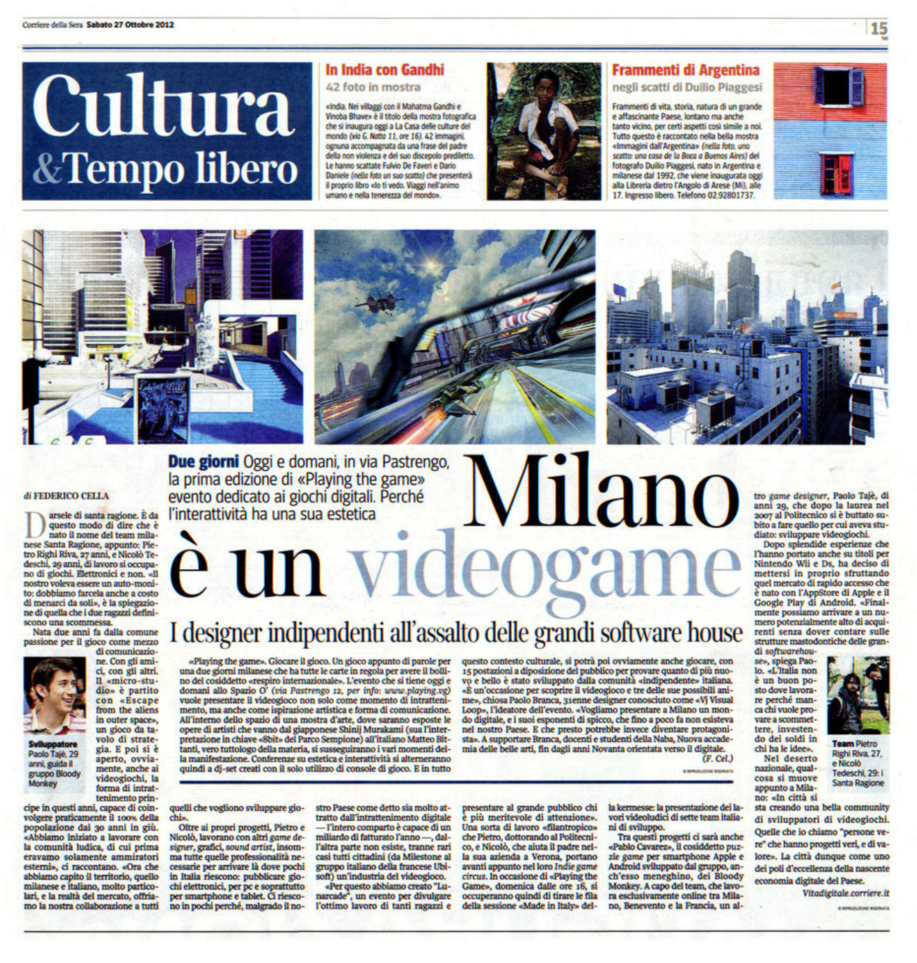  PLAYING THE GAME, Milan, Italy Media Coverage:  Corriere della Sera   2012 
