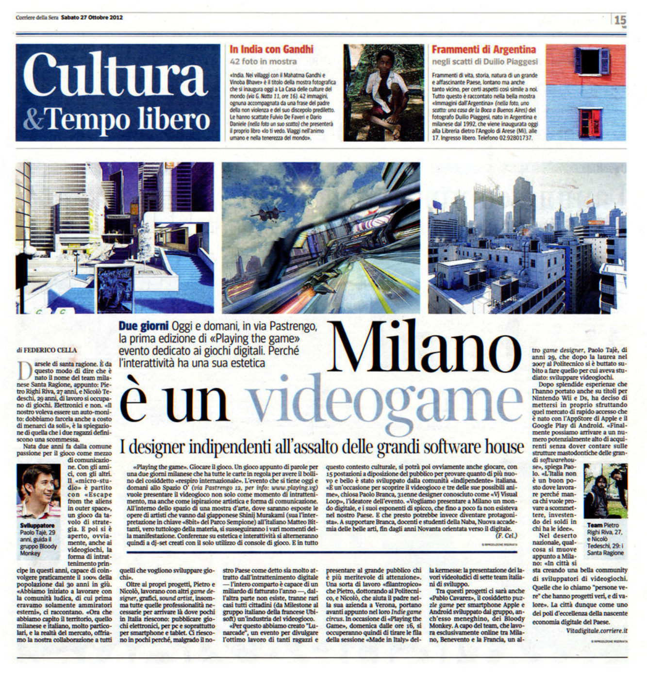 PLAYING THE GAME, Milan, Italy Media Coverage: Corriere della Sera 2012