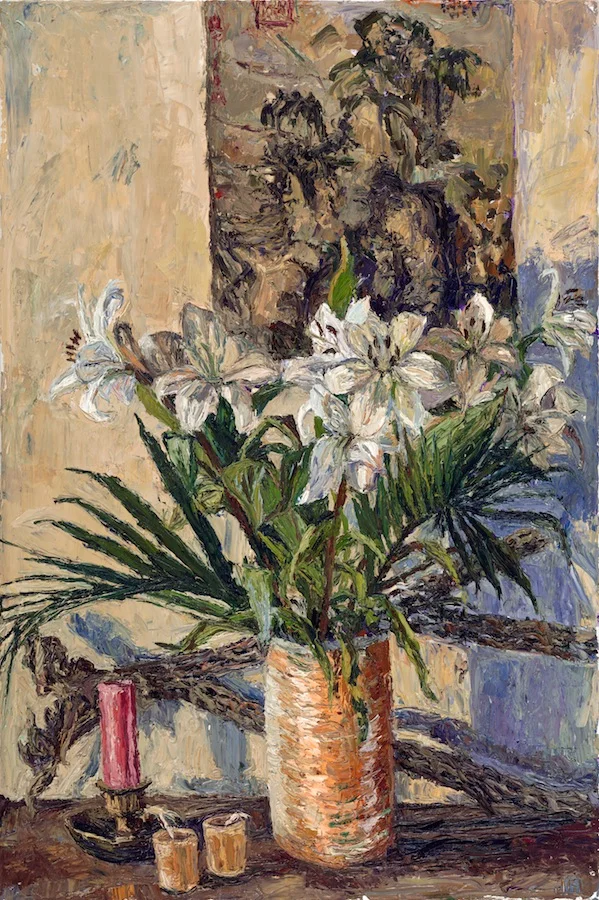 Lilies before the mountain scroll