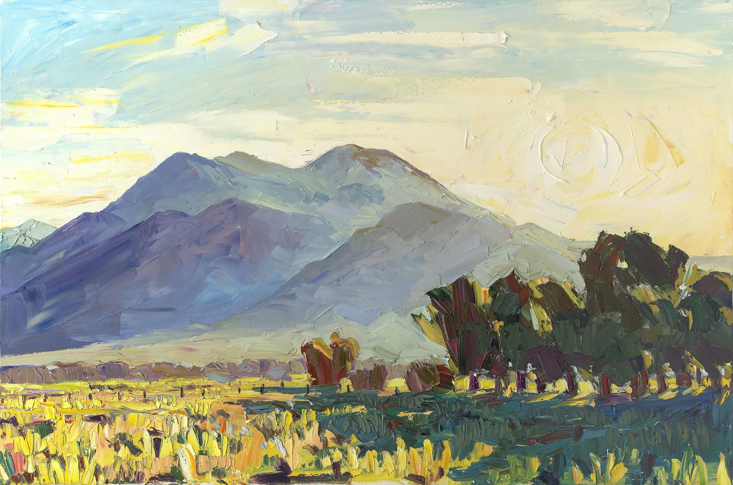 Sunrise over Taos Mountain 40" x 60" | oil impasto on canvas | 2015