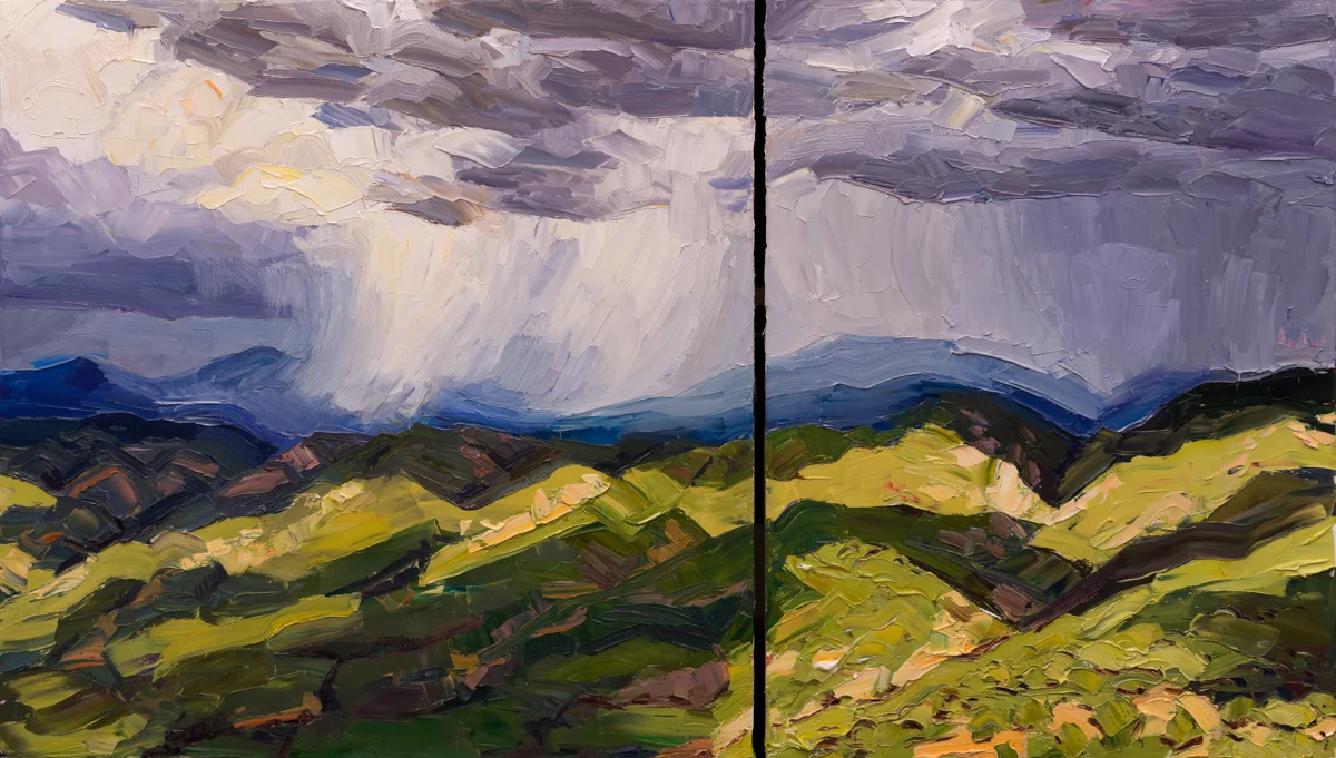 Mountain squalls, valley light; 40" x 70" (diptych), available through Altamira Fine Art – (307) 739-4700 or connect@altamiraart.com