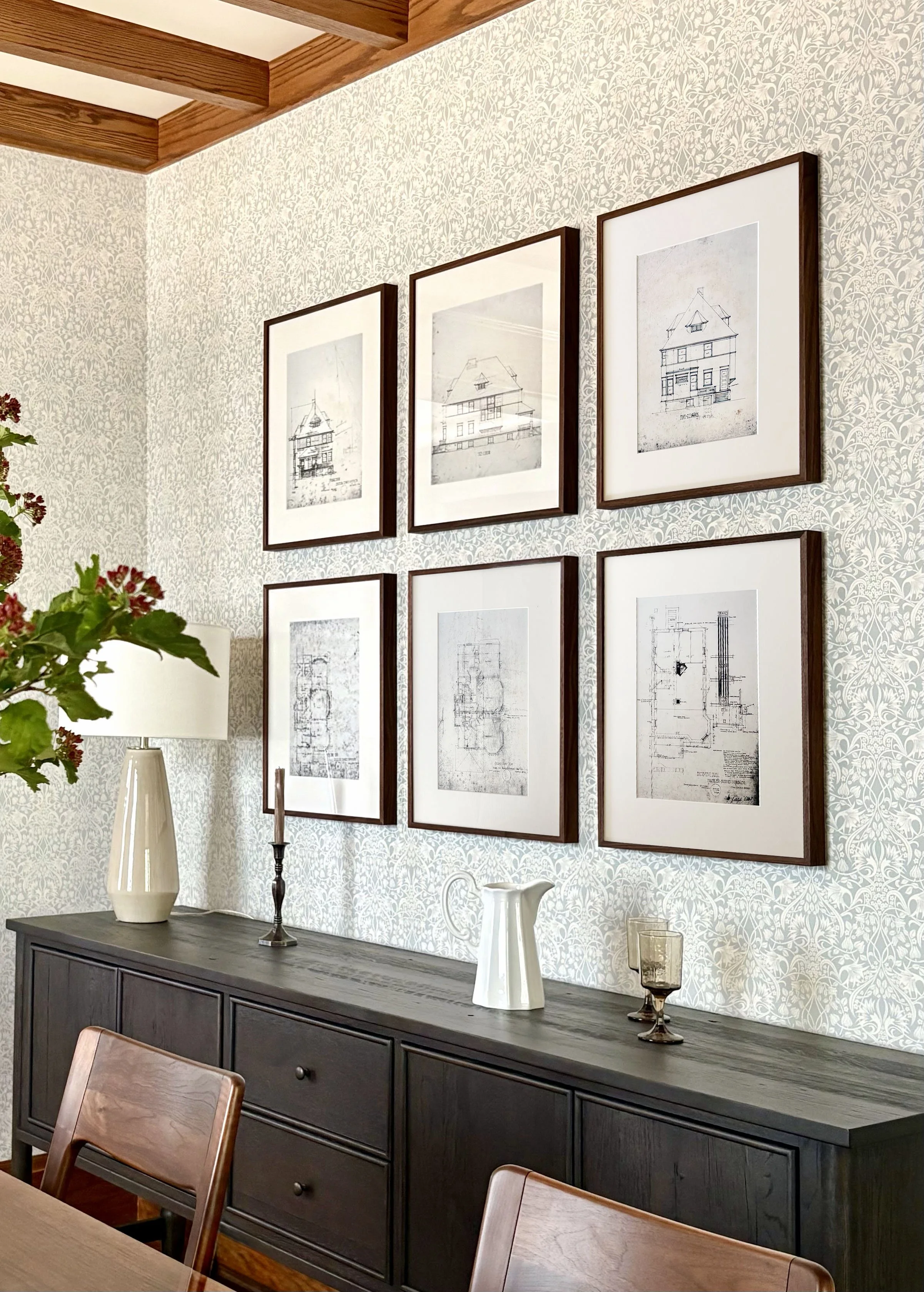 Original Frank Lloyd Wright blueprints, arranged in a grid by Deadringer Projects. Interior design by Kathryn Murphy Interiors. Styling by Britt Fitzpatrick. Framing by Friendly Frames, Chicago, IL.