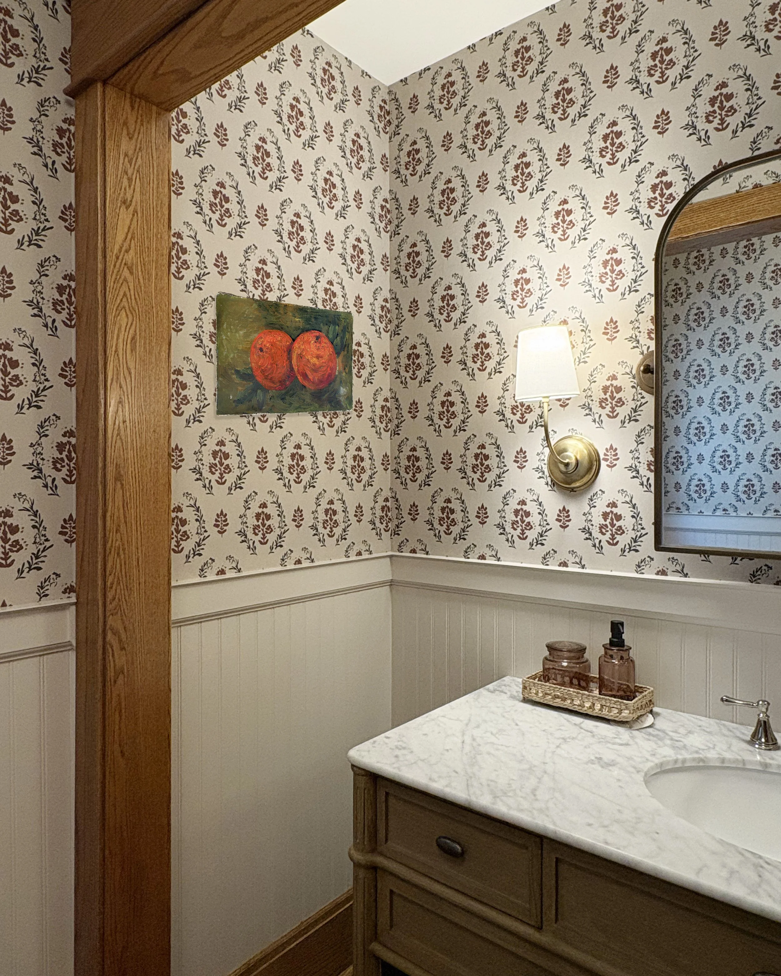 19th-century Italian oil painting, sourced by Deadringer Projects for a powder room in Oak Park, IL. Interior design by Kathryn Murphy Interiors.