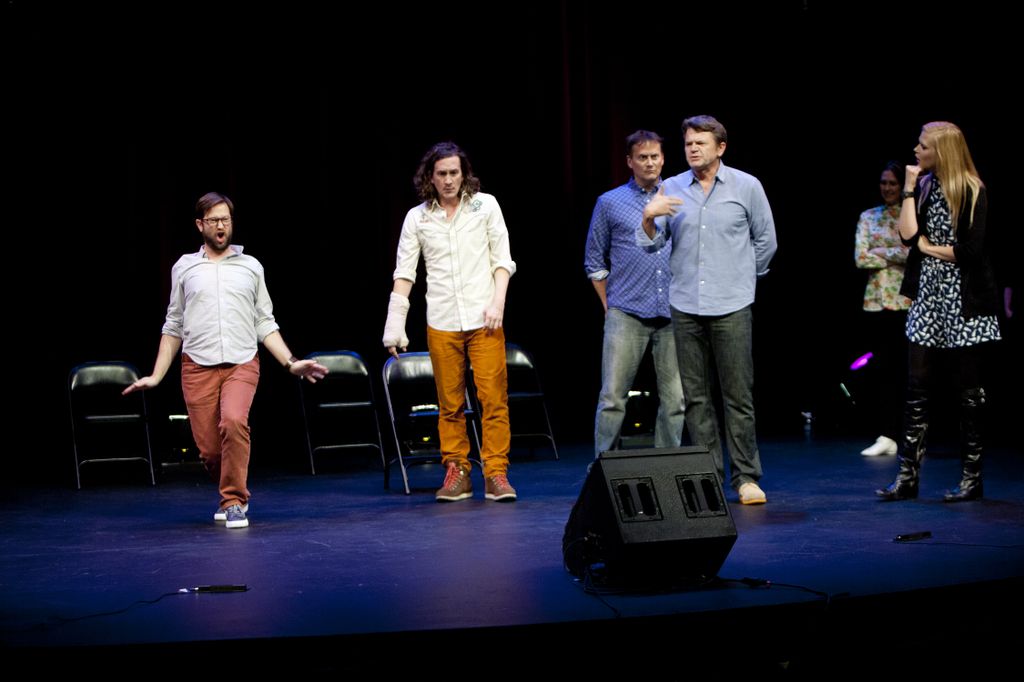 Theme Park with Cole Stratton, Ian Brennan, Michael Hitchcock, John Michael Higgins, Jessica Makinson and Janet Varney at SF Sketchfest. Photo by Tommy Lau.