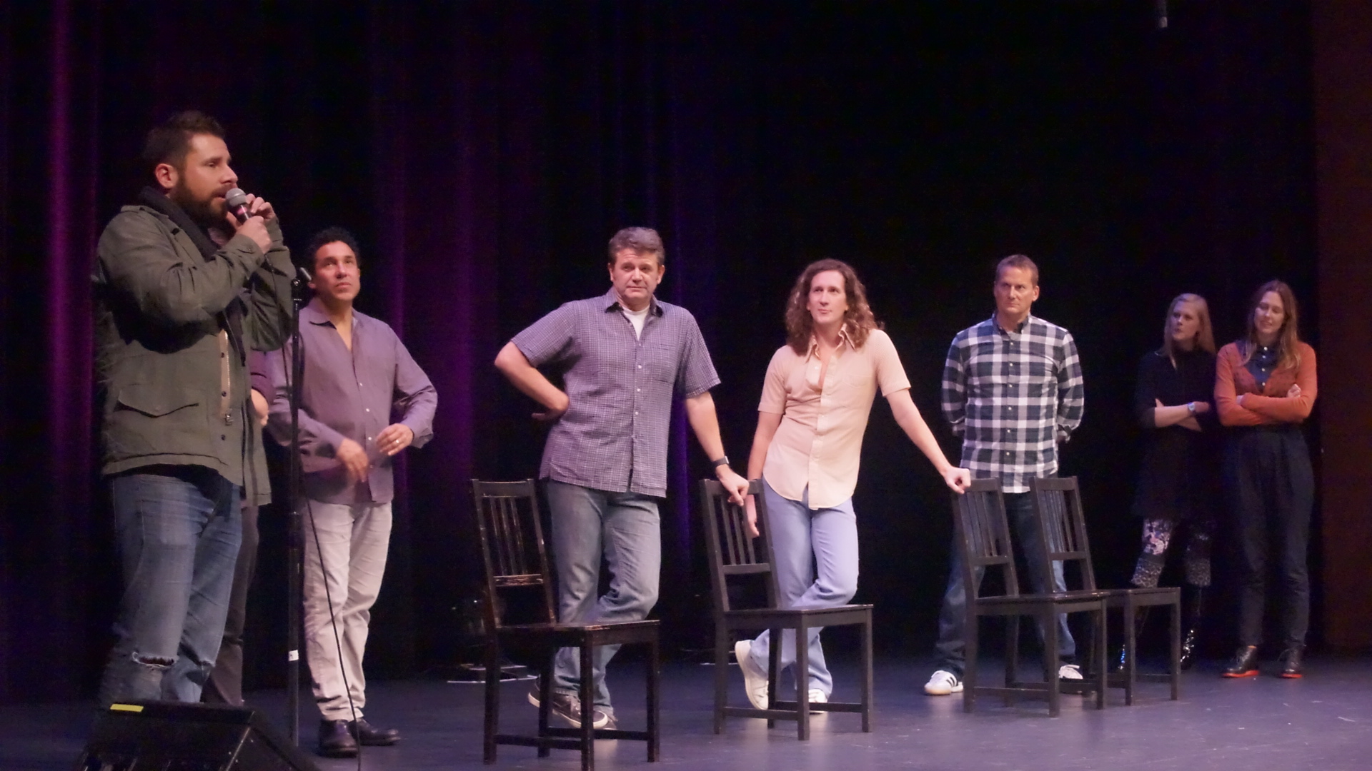 James Roday, Oscar Nunez, John Michael Higgins, Ian Brennan, Michael Hitchcock, Janet Varney and Jessica Makinson at Theme Park at SF Sketchfest 2016. Photo by Steve Agee.