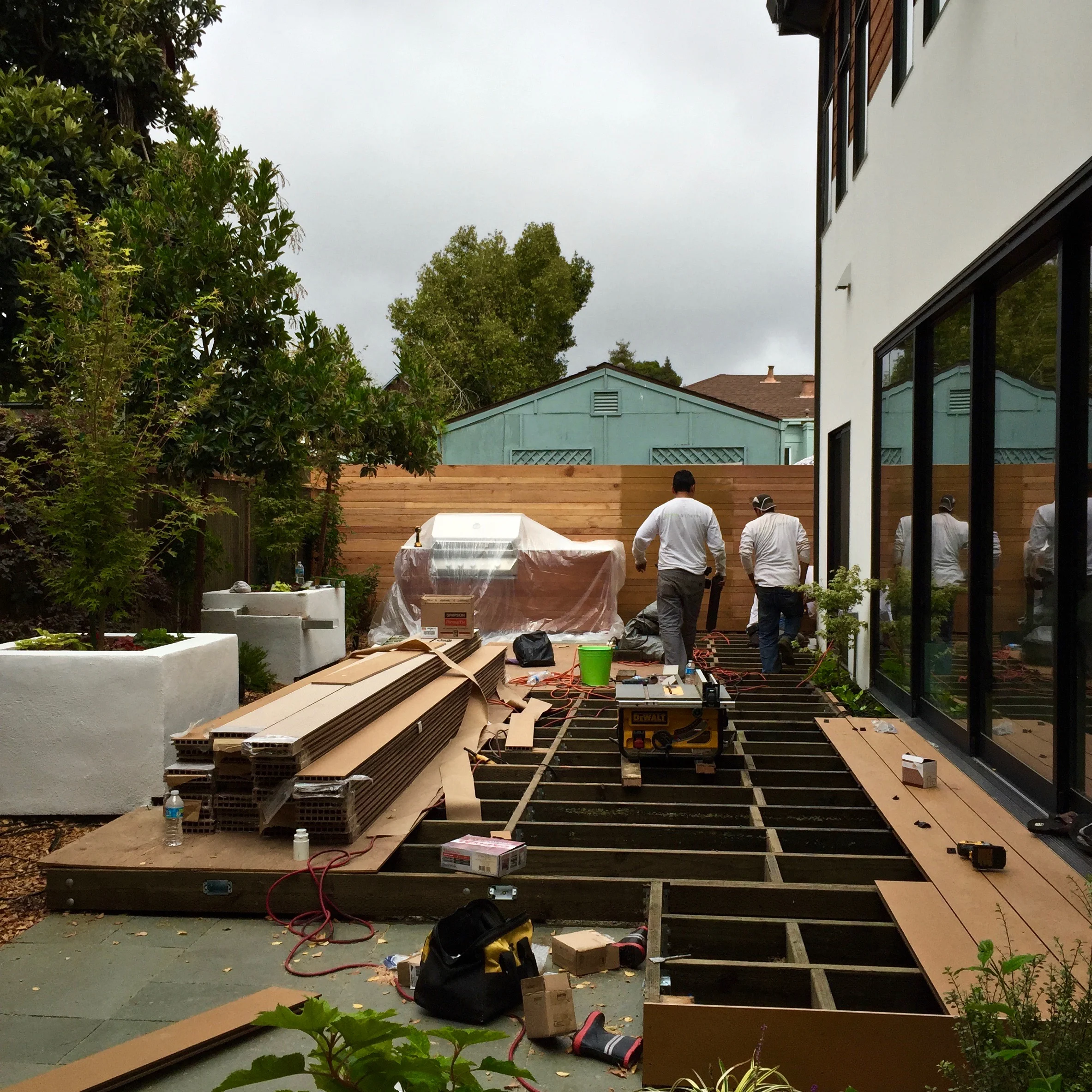 The decking is Resysta , a natural fiber-polymer-composite that is rice hull based. A beautiful product to work with and to live with.