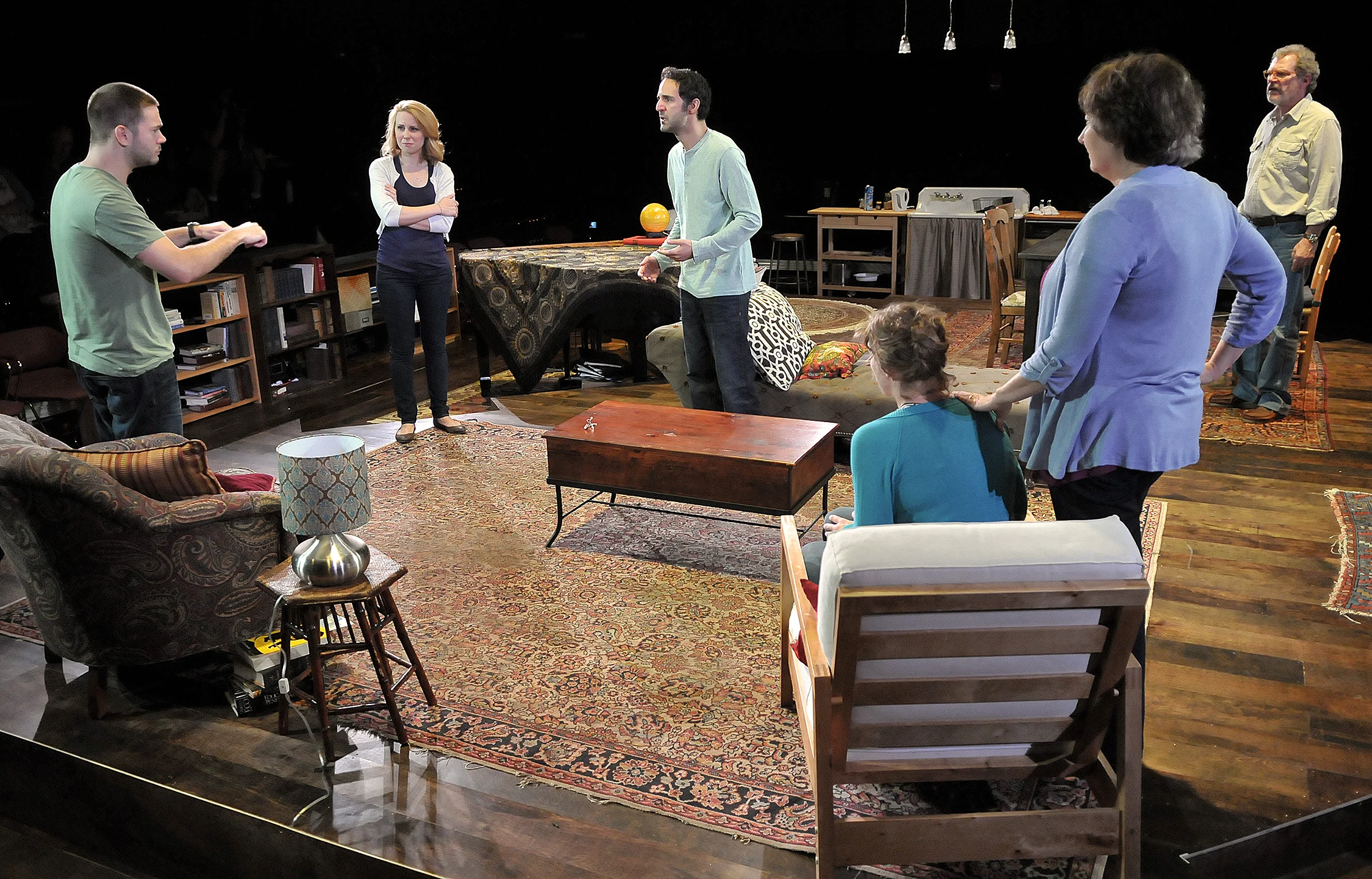 James Caverly, Erica Spyres, Nael Nacer, Kathryn Miles, Patrick Shea, and Adrianne Krstansky in the SpeakEasy Stage Company production of TRIBES directed by M. Bevin O'Gara. Photo: Craig Bailey