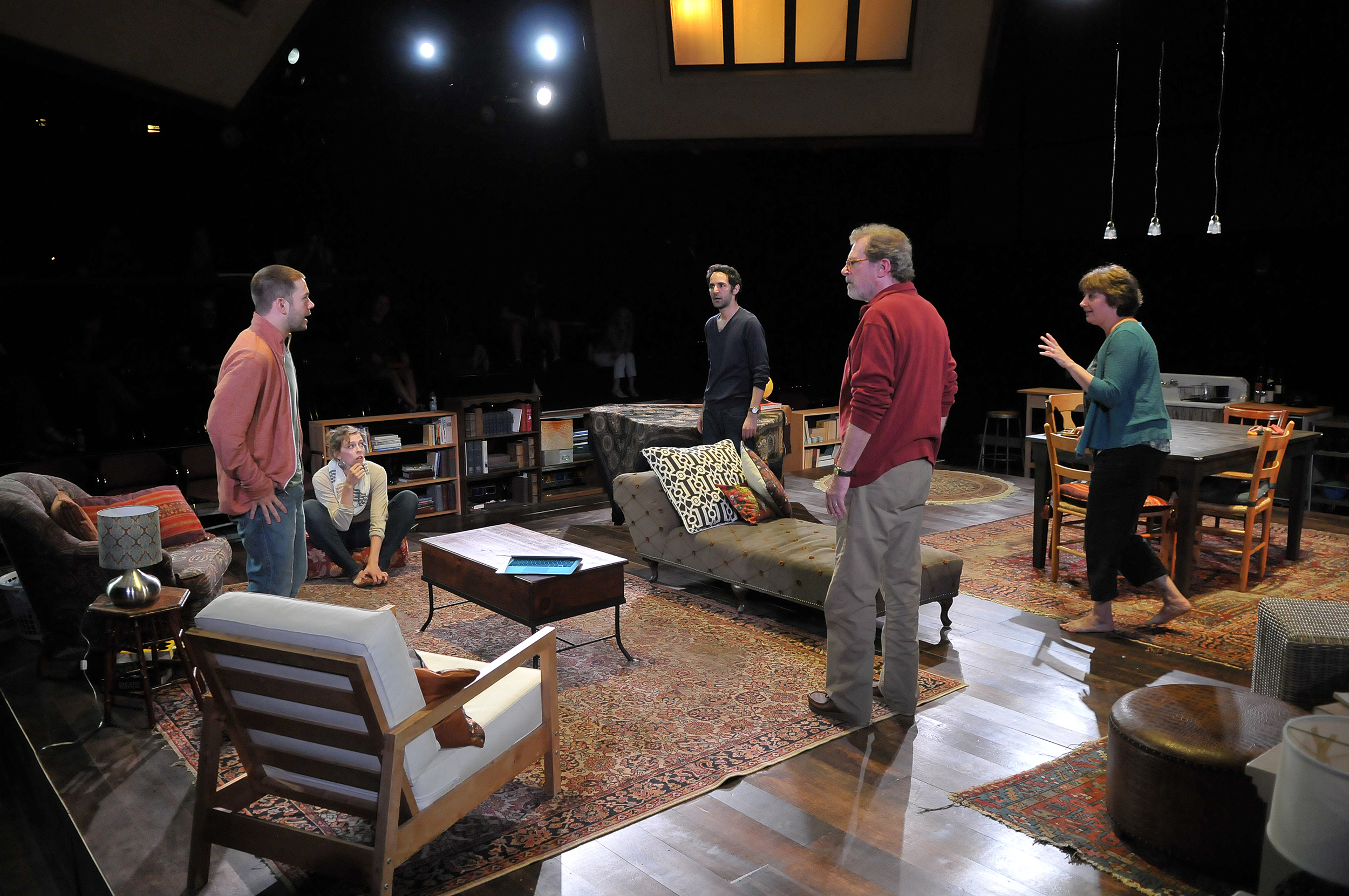 James Caverly, Kathryn Miles, Erica Spyres, Patrick Shea, Adrianne Krstansky, and Nael Nacer in the SpeakEasy Stage Company production of TRIBES directed by M. Bevin O'Gara. Photo: Craig Bailey