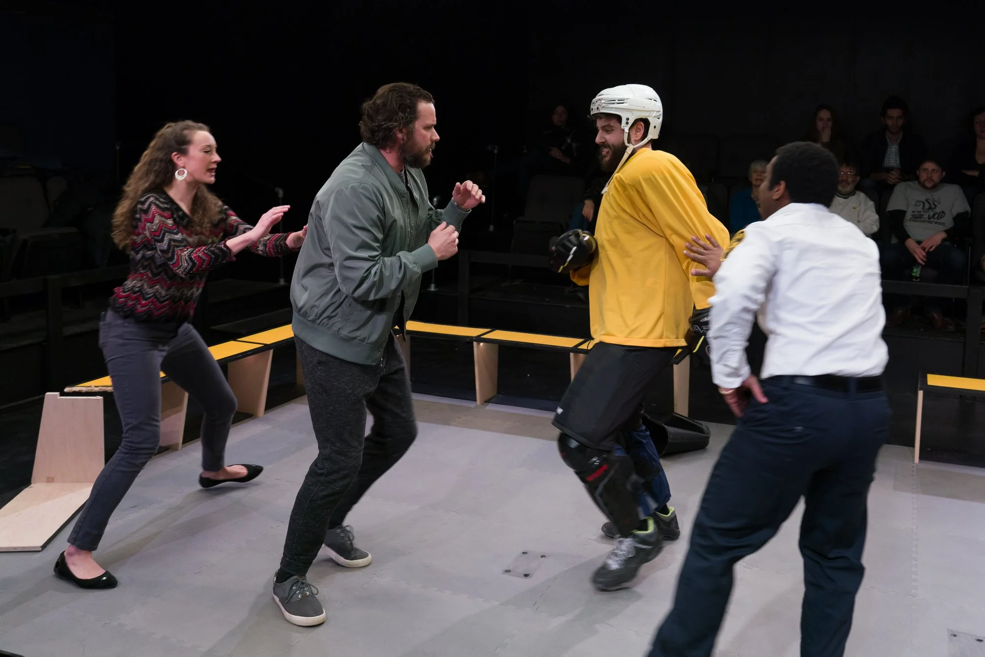 Gigi Watson, Anthony Goes, Greg Maraio, and Marc Pierre in Walt McGough’s Brawler at the Kitchen Theatre Company, directed by M. Bevin O’Gara. Photo: Dave Burbank