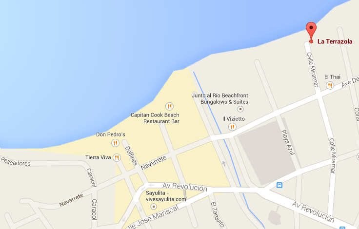 La Terrazola is located in the upper right hand corner of this&nbsp;map. &nbsp;The area shaded in yellow indicates Sayulita town center.