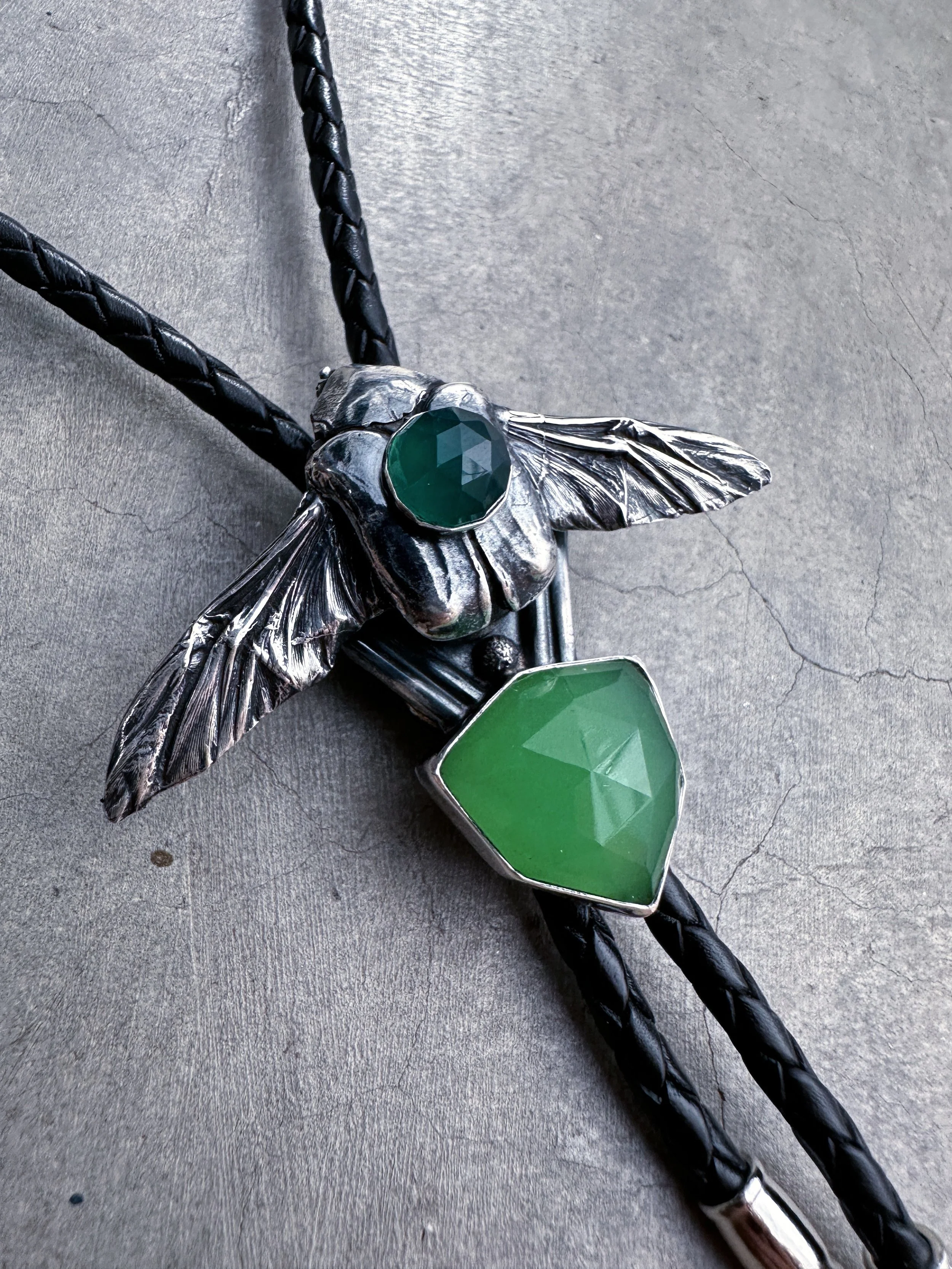 Green Chalcedony + Fig Beetle Bolo Tie