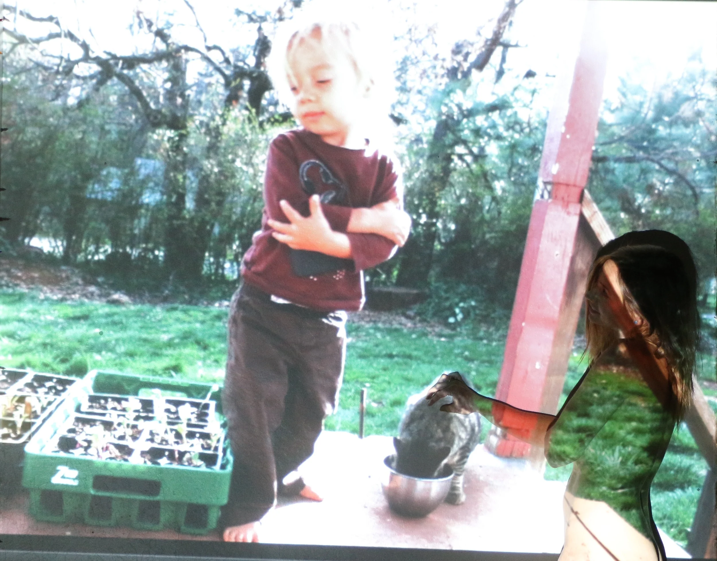  I projected old photographs on the wall and rephotographed them with my current self in the memory.  When we moved in, there was a sweet boy cat living under the house. I asked him, "What should we name the cat?" He instantly replied, "Big Truck!" 