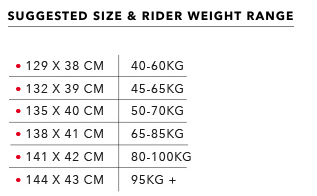 Size and weight range is indicative only based on normal riding conditions. Actual range will vary based on rider preference, skill level and strength of wind.