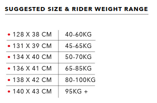 Size and weight range is indicative only based on normal riding conditions. Actual range will vary based on rider preference, skill level and strength of wind.