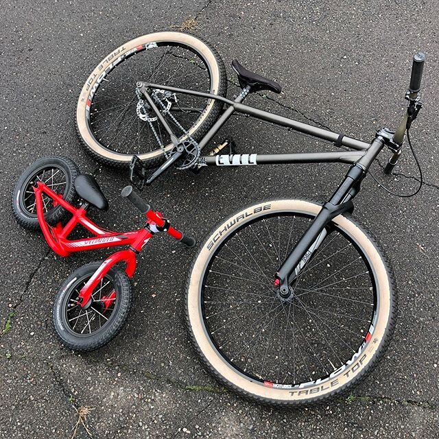 Little bike and really little bike!  Got some solid driveway time with my little guy this morning.  #bikesarefun #evilfaction2 #hotwalk #dadtime