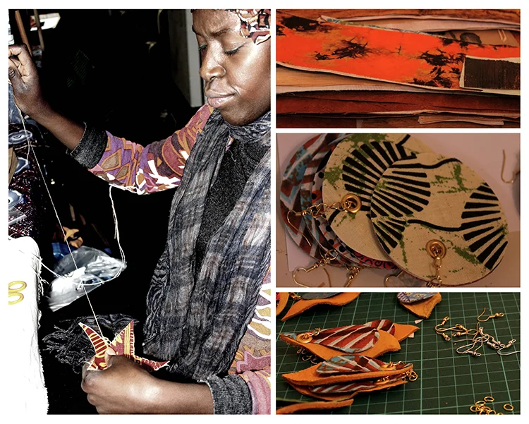 Anna blanket stitching her Chrisy=tmas Star. Wax print on tree bark cloth. Fabric Ear bobs. Elk Ear bobs.