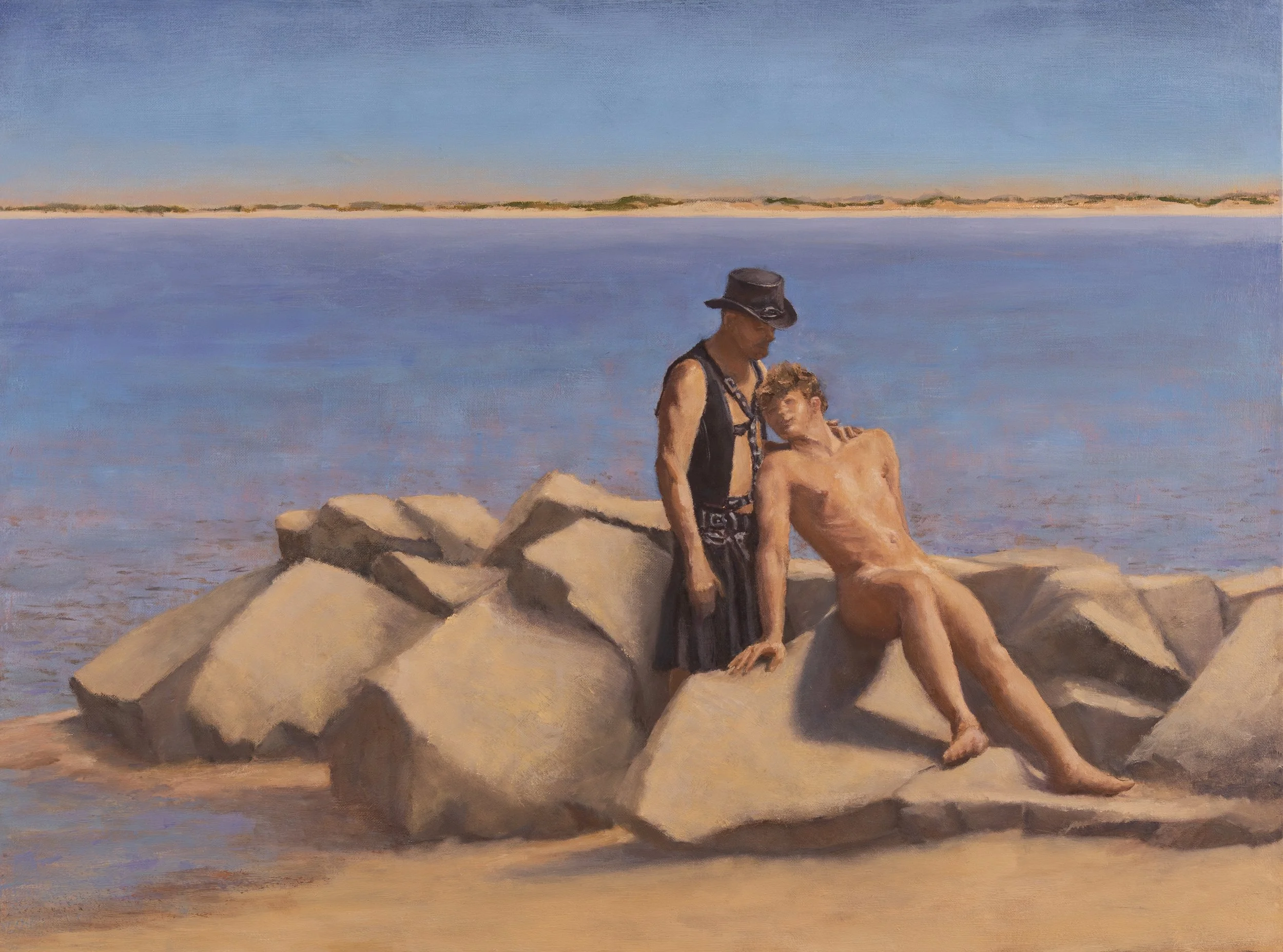 On sunlit granite boulders, an older leather-clad figure supports a younger nude man at rest. Drawing on a classical arrangement of protection and surrender, the painting relocates tenderness, trust, and queer iconography to the Cape Cod shoreline.