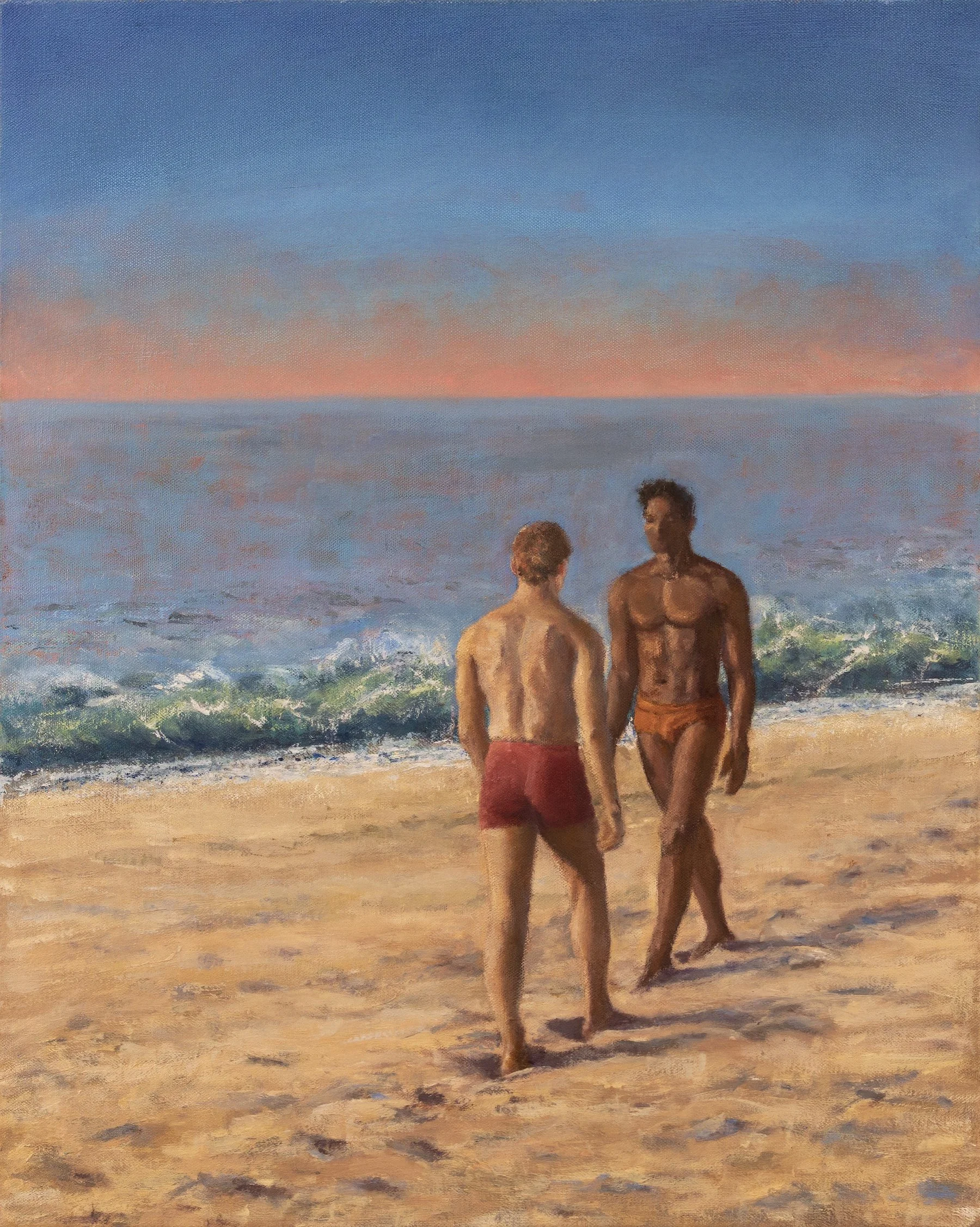 Two men approach each other at the ocean’s edge as evening gathers. The encounter remains unresolved: reunion, first meeting, friendship, desire—held in the charged interval before contact.