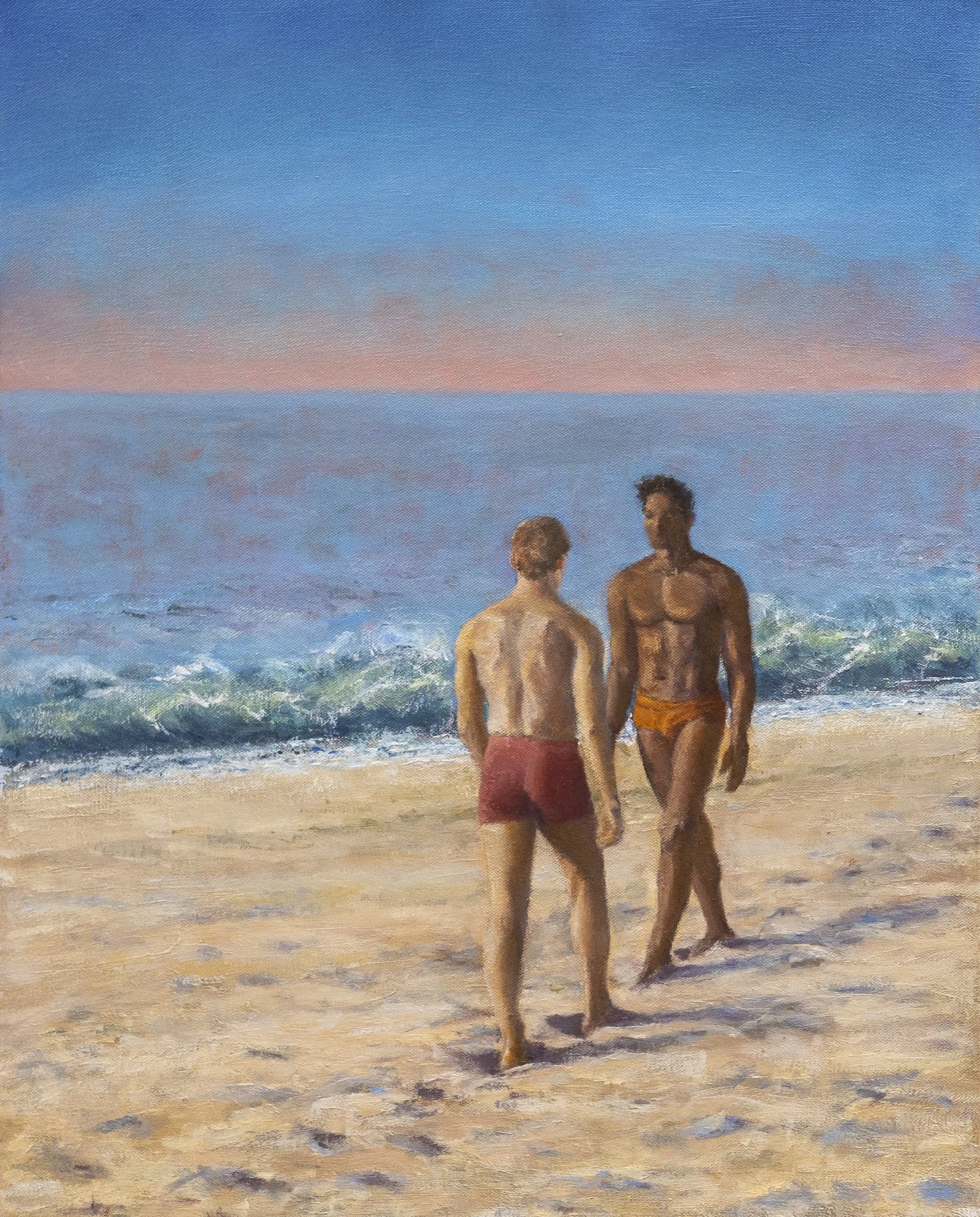 Come Together: Two men approach each other at the ocean's edge at dusk — the charged interval before contact, whether reunion, desire, or something unnamed. Deep blue sky, rose horizon, sand. Oil on canvas, 20 × 16 in.