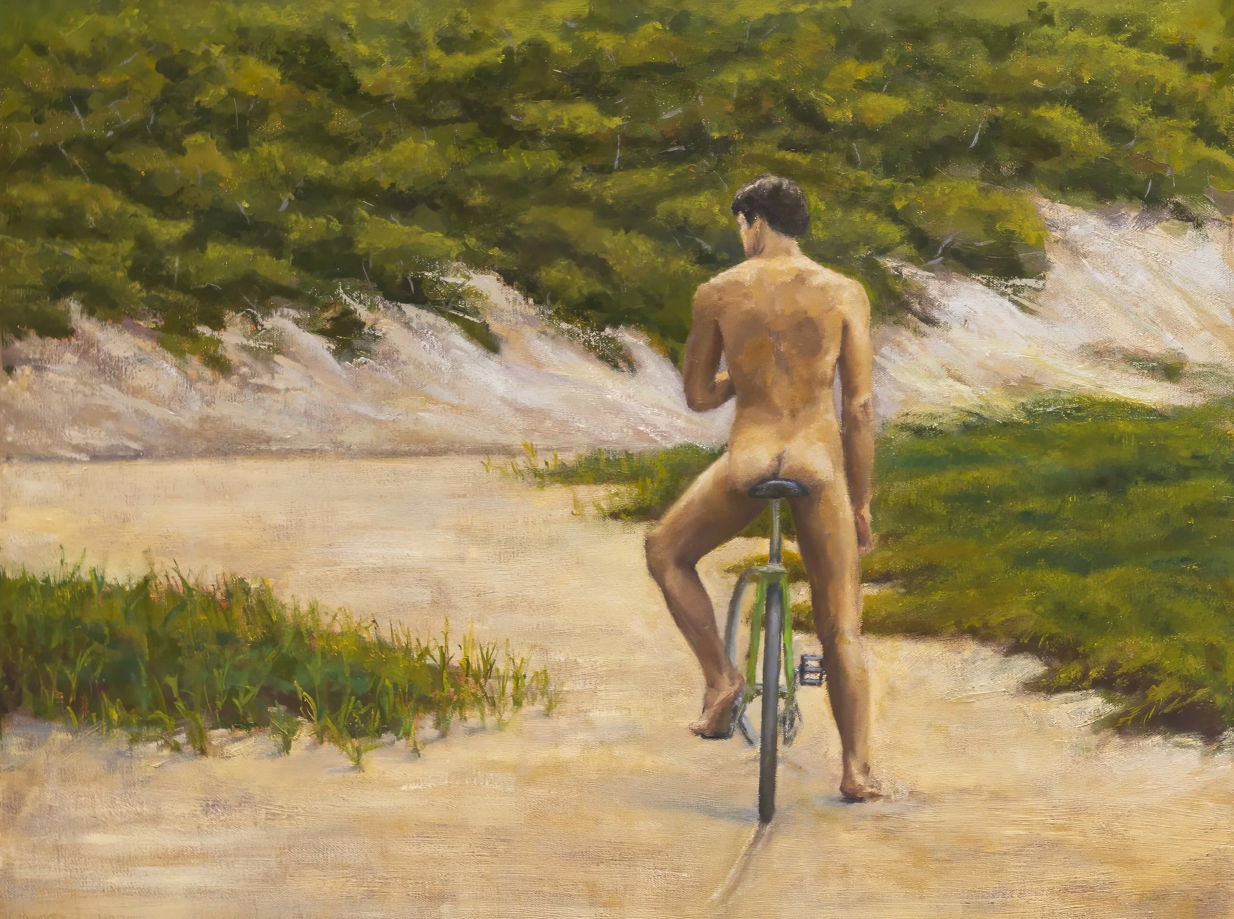 Dune Coasting: A nude man pauses astride a green bicycle on a sandy dune path, seen from behind. Between water and woods, motion and rest, exposure and shelter. Oil on canvas, 18 × 24 in.