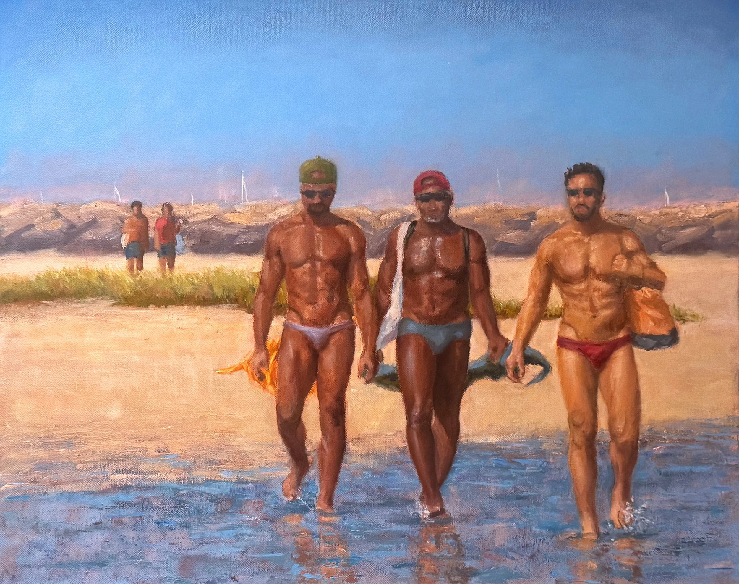 Three friends cross a shallow tidal channel on their way to the beach, joined by others in the distance. The painting captures the charged pleasure of arrival before arrival at place that already feels safe.