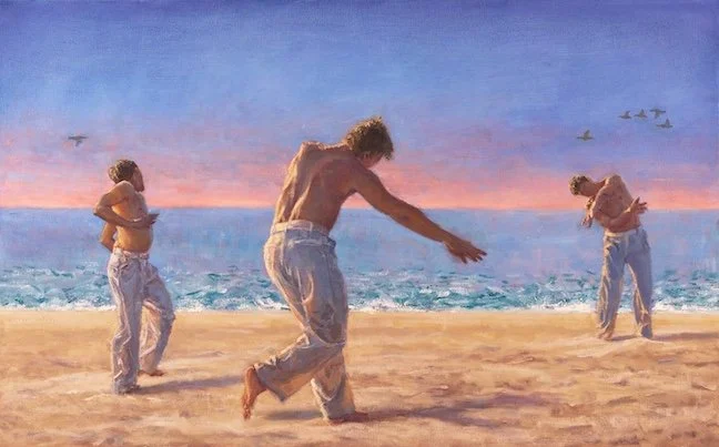A dancer through three gestures of stillness, release, and return. The beach becomes stage, partner, and score, with birds marking the air like notes against fading coastal light.