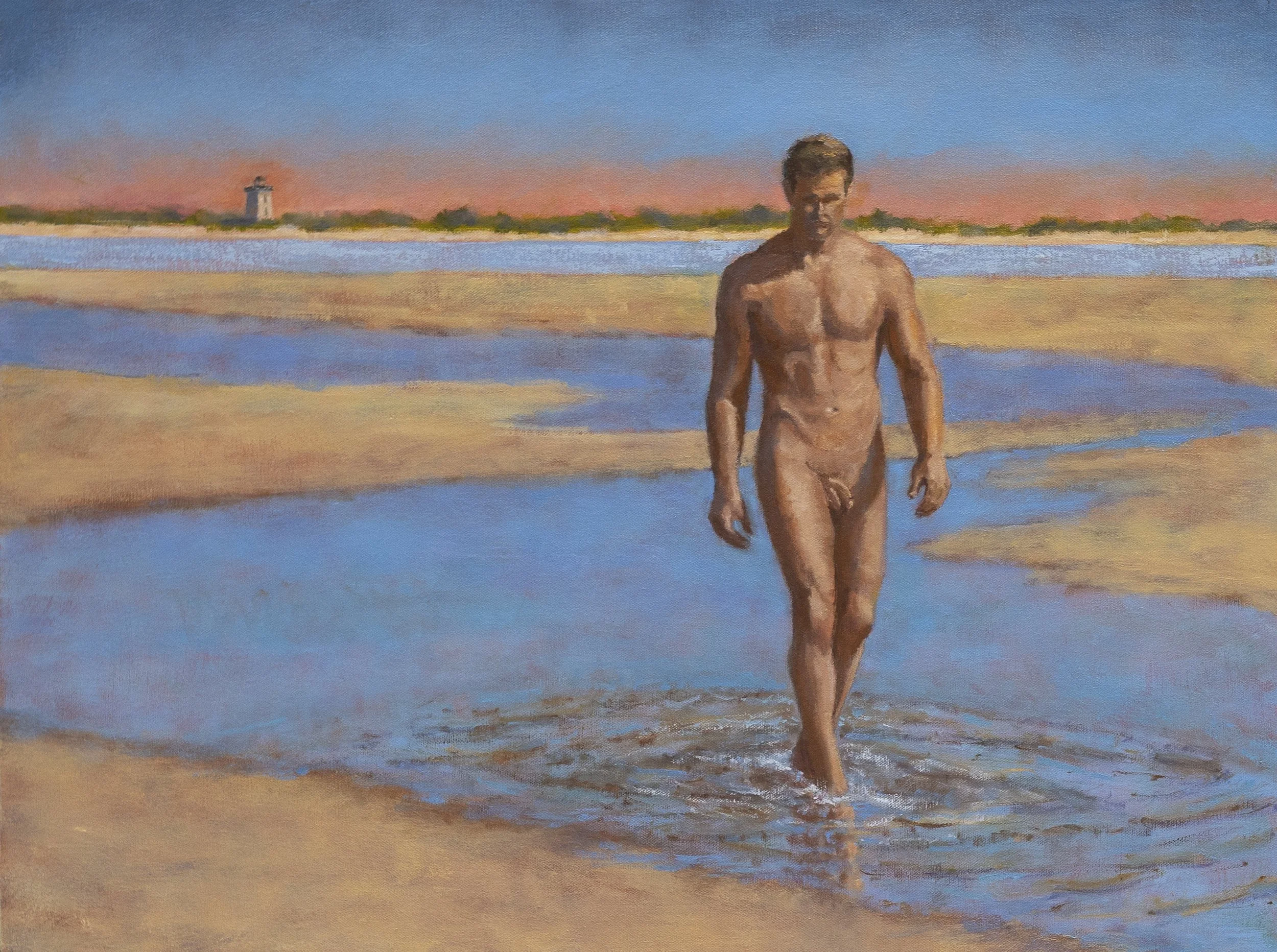 Coming In: A nude man walks forward through shallow tidal water, gaze lowered, pace unhurried. Warm bronze light falls across his body; a lighthouse marks the horizon. Oil on canvas, 18 × 24 in.