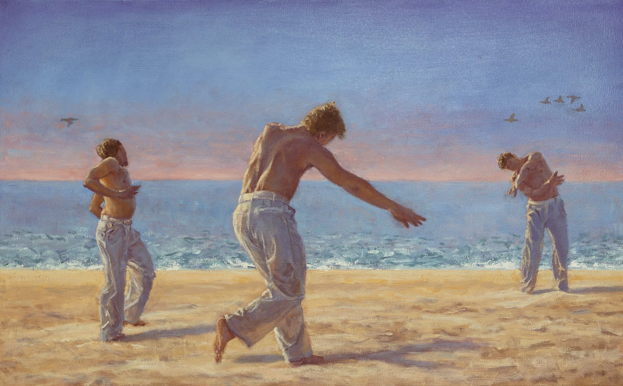 Three Movements in Light: A shirtless male dancer in three successive moments on a sunlit beach — arms gathered inward, then lunging wide, then folding to rest. Teal surf, coral horizon, blue-violet sky. Oil on canvas, 18 × 29 in.