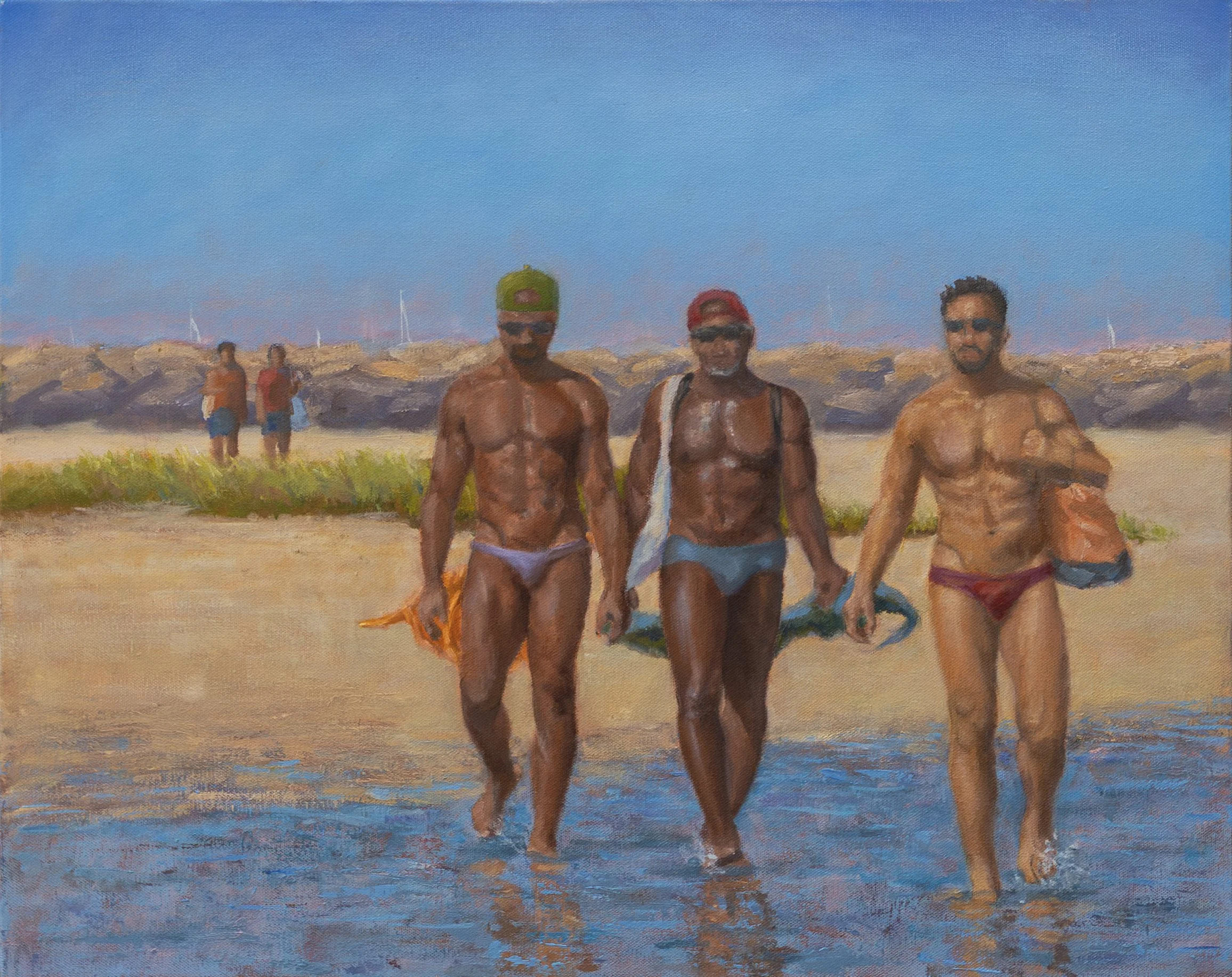 Afternoon Crossing: Three friends wade a shallow tidal channel toward the beach, bags in hand, an orange wrap catching the breeze. Two more figures follow. The mood is unhurried and communal. Oil on canvas, 16 × 20 in.