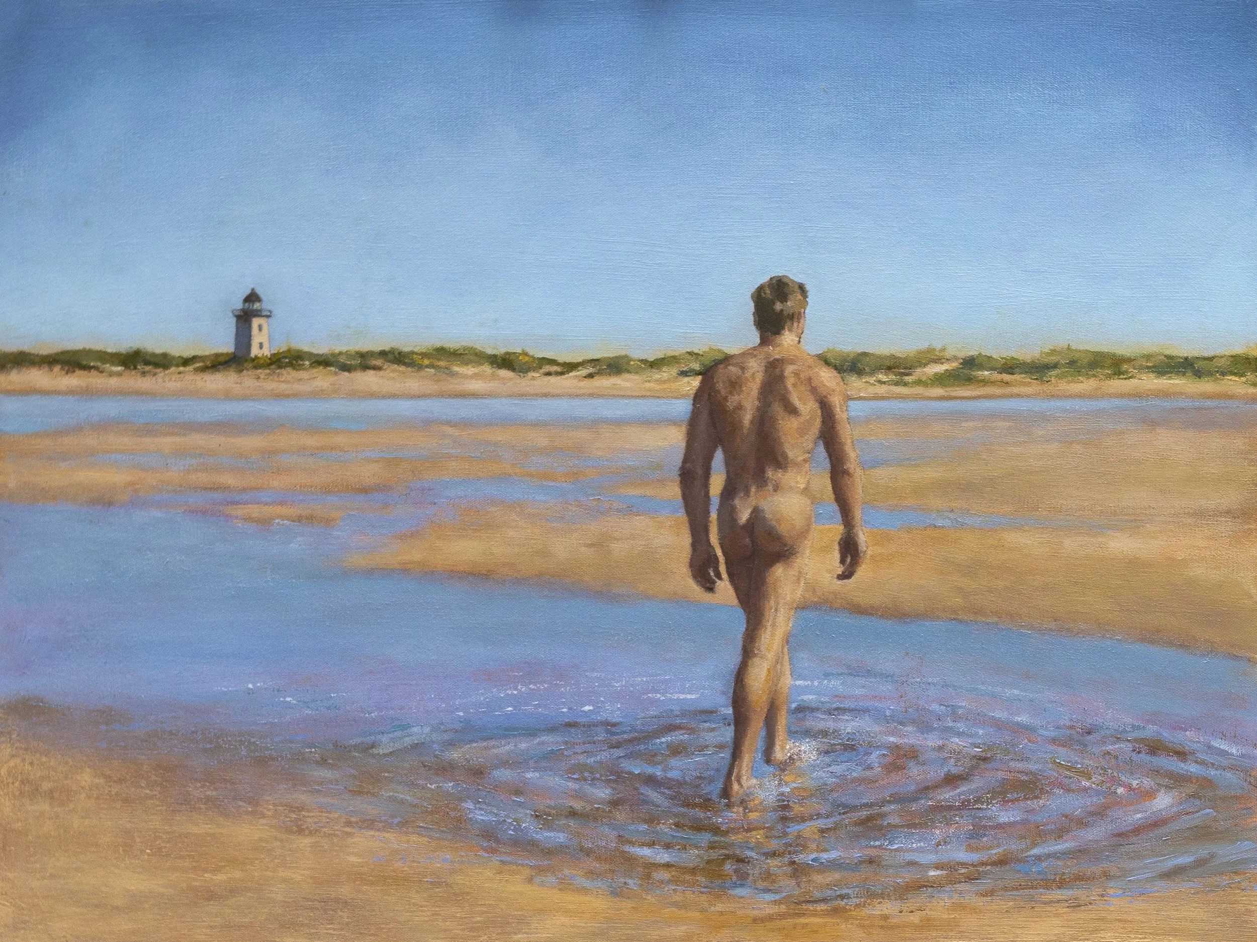 Nothing to Declare: The companion to Coming In — the same nude figure, now seen from behind, walking away through tidal shallows toward a lighthouse. Clear sky, open landscape, quiet freedom. Oil on canvas, 18 × 24 in.