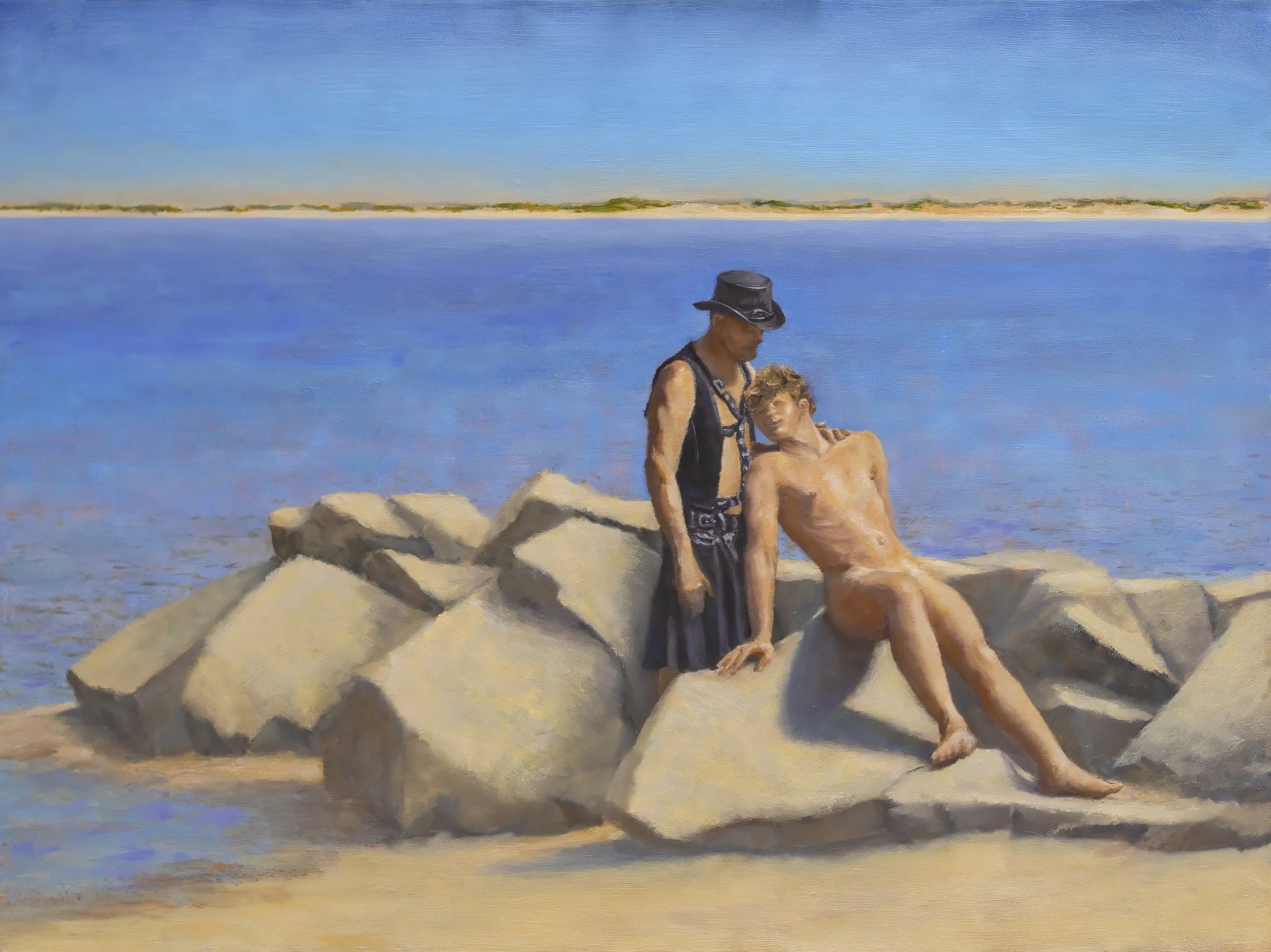 A Tender Landing: A young nude man reclines with his head against an older companion's shoulder on granite boulders at the shore. The older man, in black leather, rests a hand protectively on him. Oil on linen, 24 × 32 in.