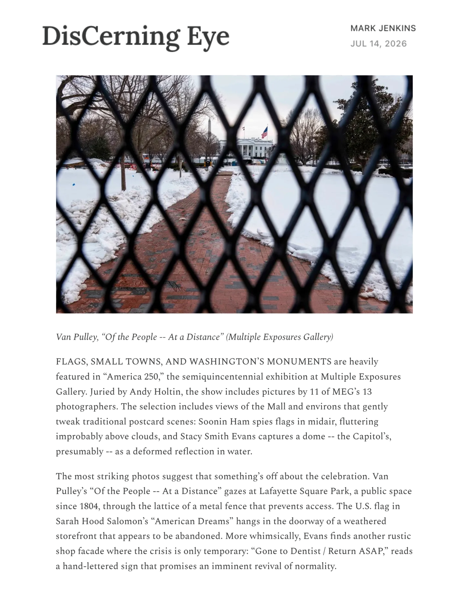 image is a copy of the review fo America 250 by Discerning Eye. It describes a fine art photography exhibition at Multiple Exposures Gallery.