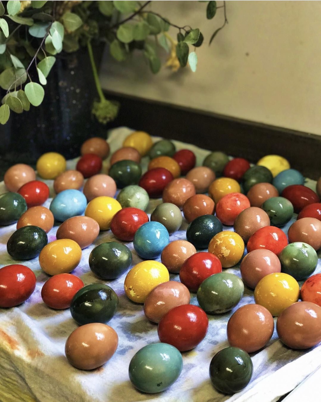 Five Marys eggs with a variety of Natural Dyes - all left to soak in the refridgerator overnight.