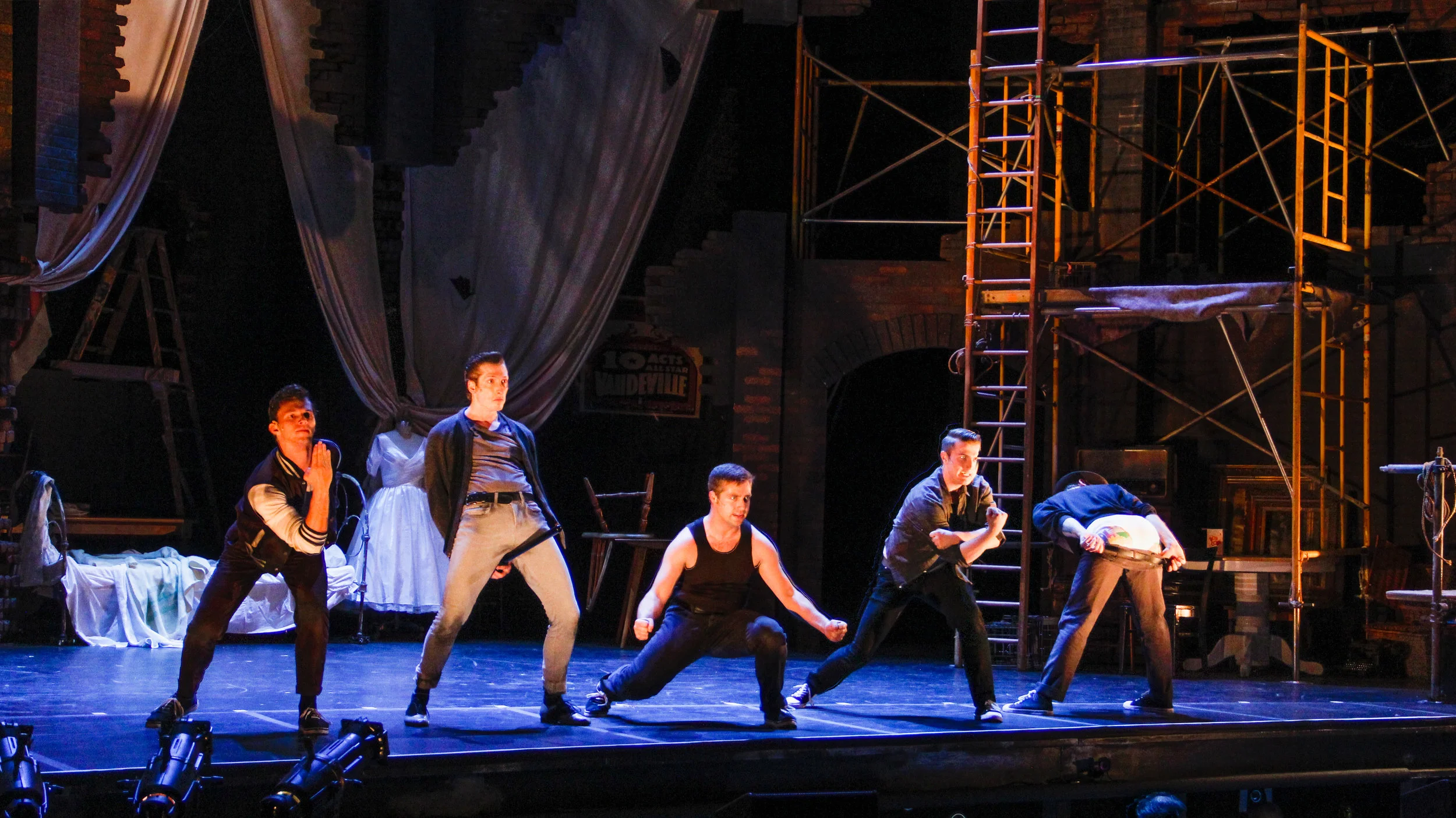 Production still from West Side Story with Fiddlehead Theatre Company. Photo credit: Daniel H. Jentzen. Lighting Designer: Daniel H. Jentzen. Director: Stacey James Stephens. Set Designer: Mac Young. Costume Designer: Stacey James Stephens.