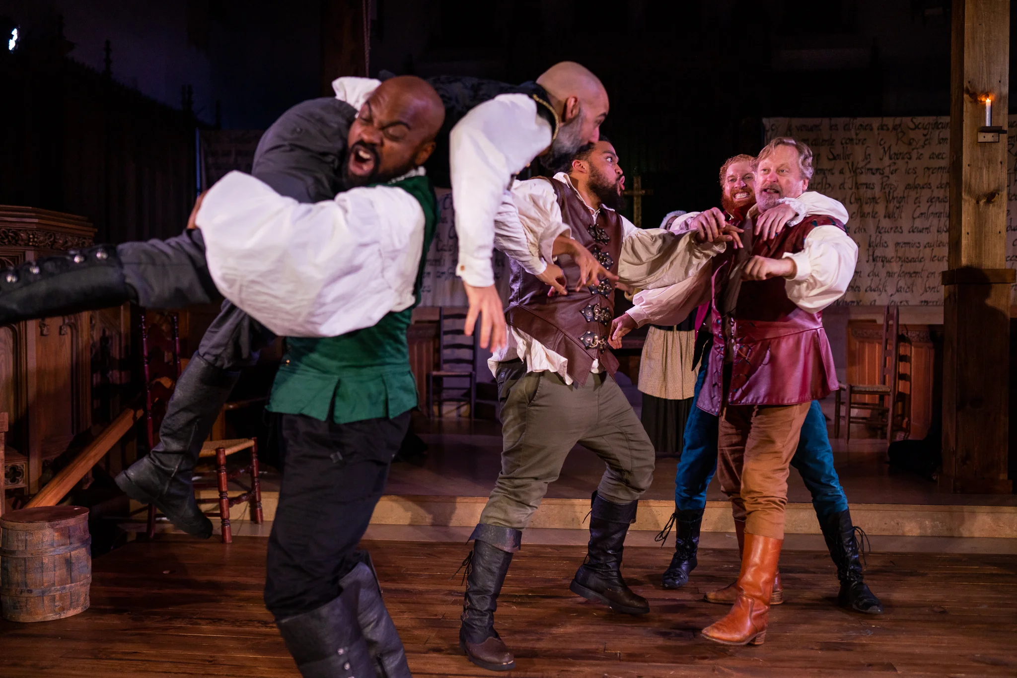 Production still from Equivocation with Actors’ Shakespeare Project. Photo credit: Nile Scott Shots. Lighting Designer: Laura Hildebrand. Director: Christopher V. Edwards. Set Designer: Jon Savage. Costume Designer: Jessica Pribble.