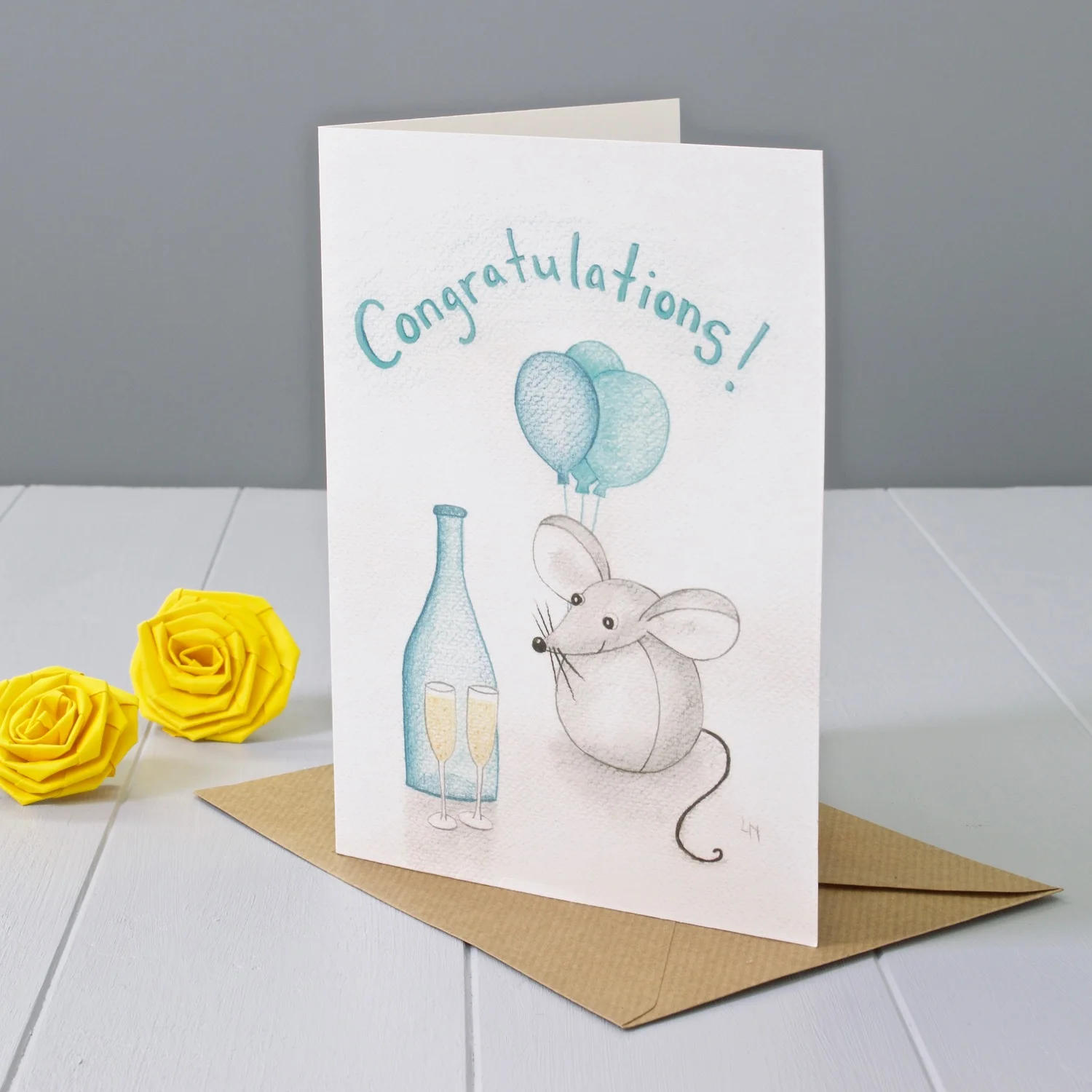Bilberry Woods mouse character Congratulations greeting card by Laura Mirjami | Yellow Rose Design