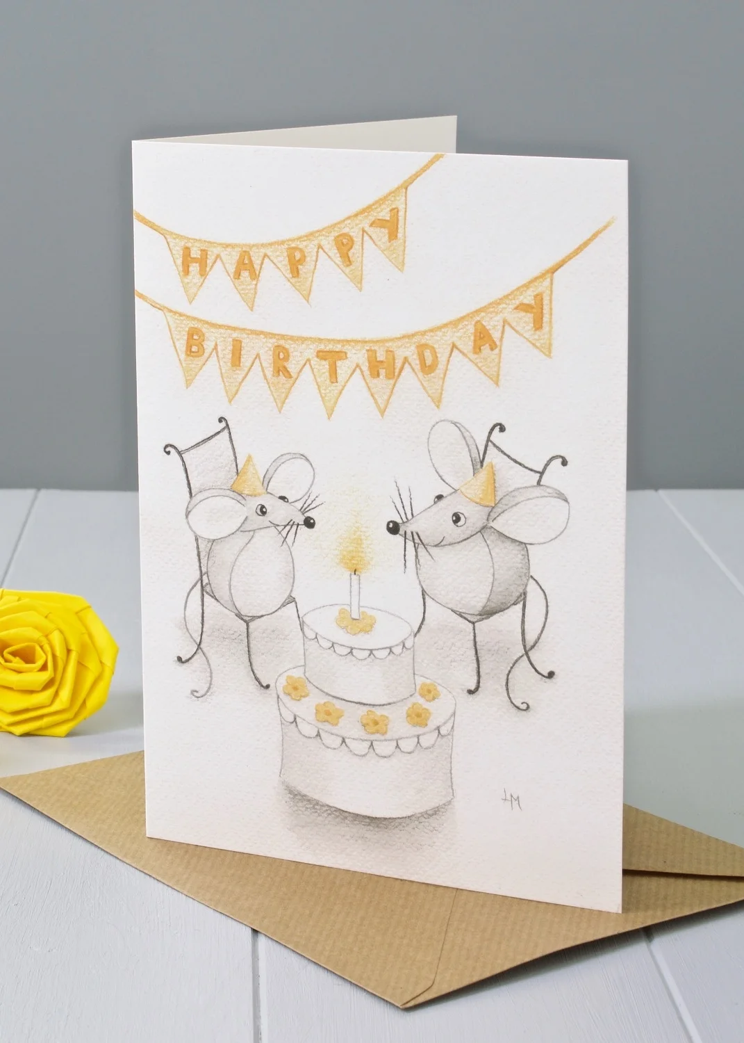 Bilberry Woods mouse character Happy Birthday greeting card by Laura Mirjami | Yellow Rose Design