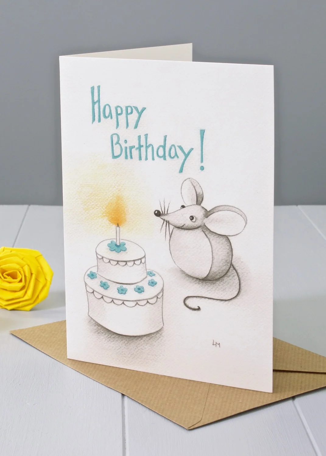 Bilberry Woods mouse character Happy Birthday greeting card by Laura Mirjami | Yellow Rose Design
