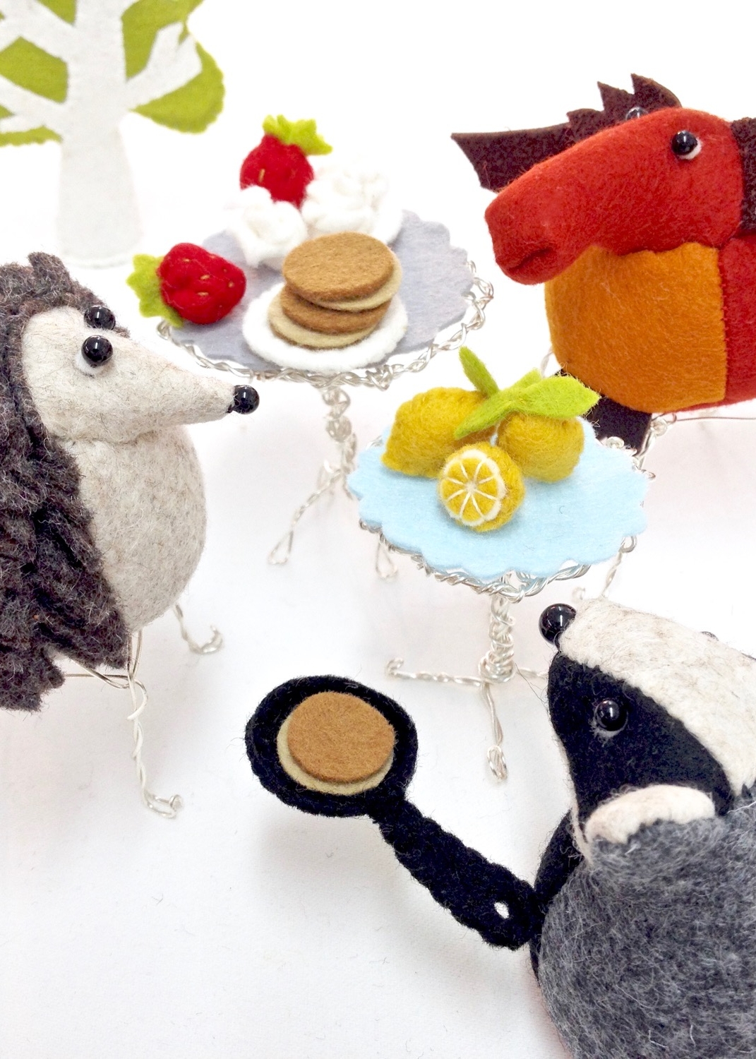 Bilberry Woods characters celebrating pancake day handmade by Laura Mirjami