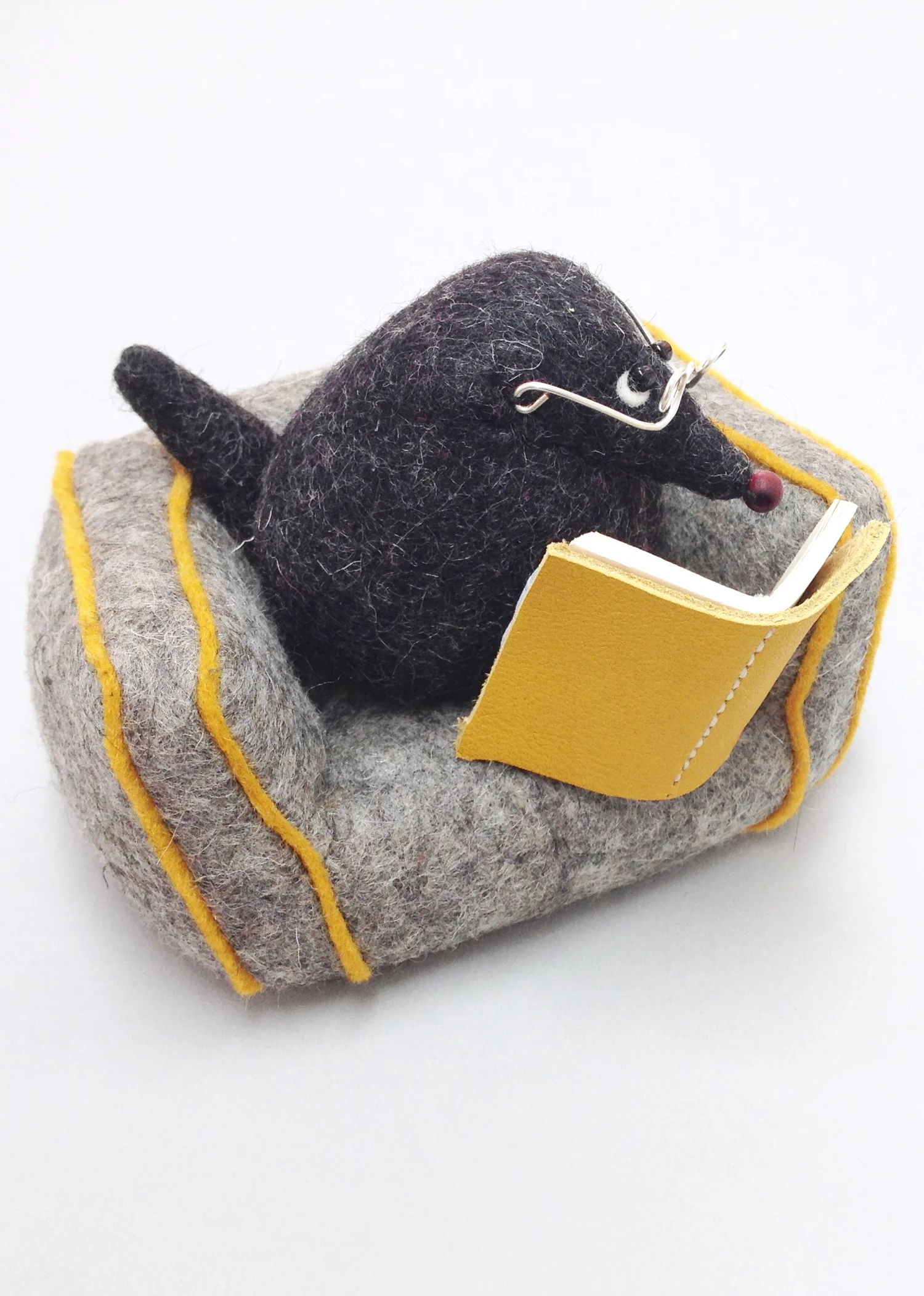Mr Mole felt soft sculpture paperweight with felt armchair handmade by Laura Mirjami | Bilberry Woods