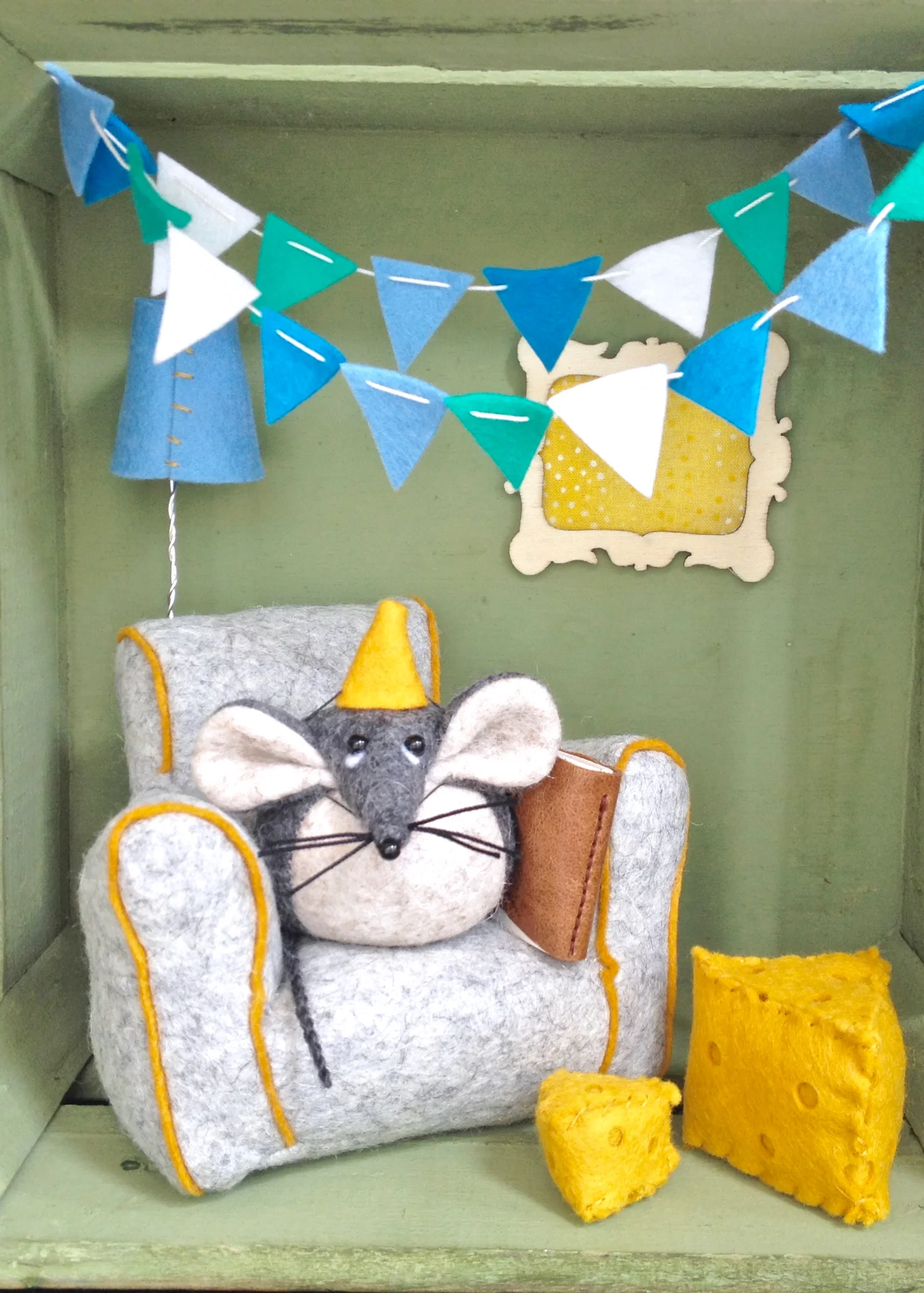 Felt Mouse soft sculpture paperweight Mika the Mouse from Bilberry Woods collection by Laura Mirjami