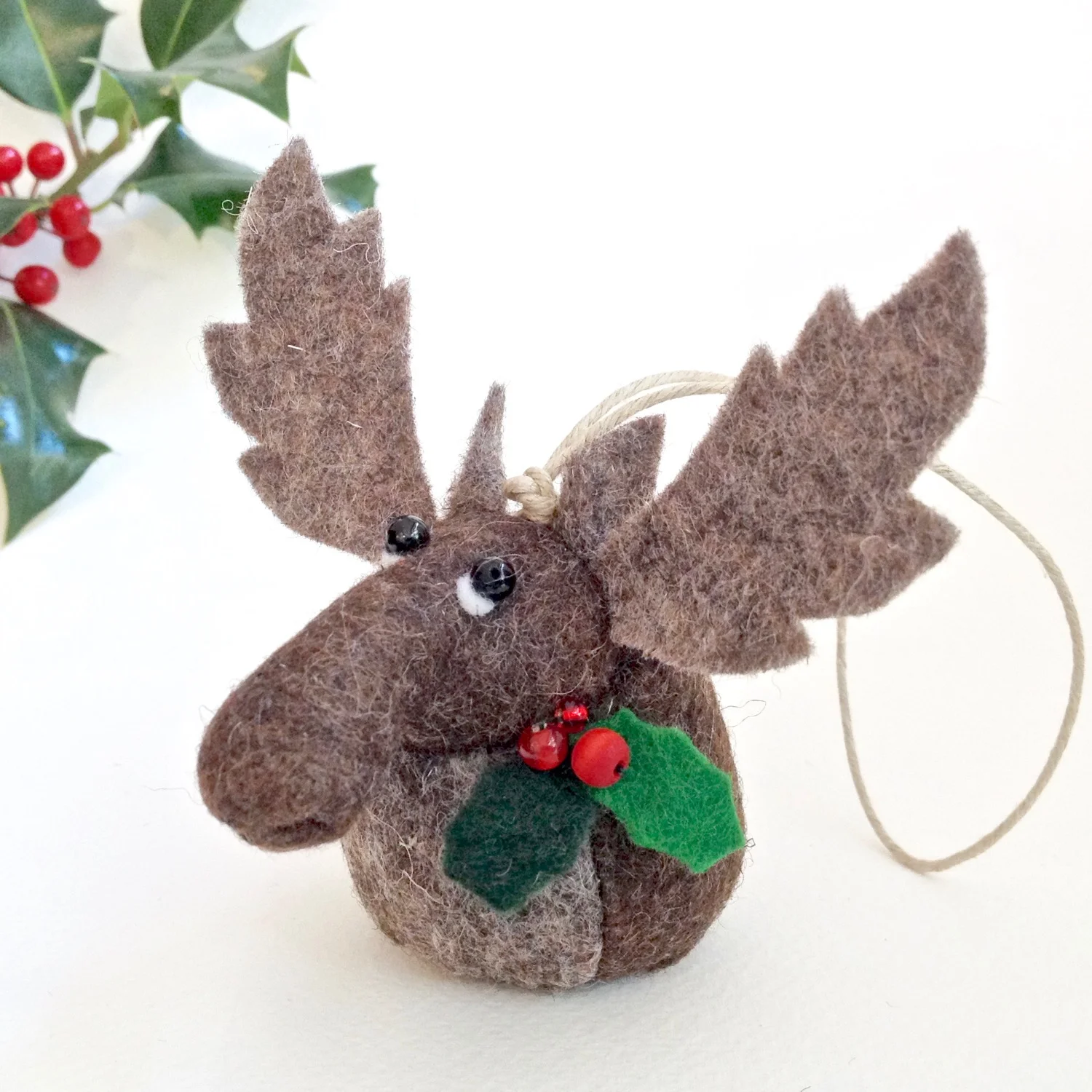 Bilberry Woods character Mr Moose as a Christmas tree decoration handmade by Laura Mirjami | Bilberry Woods