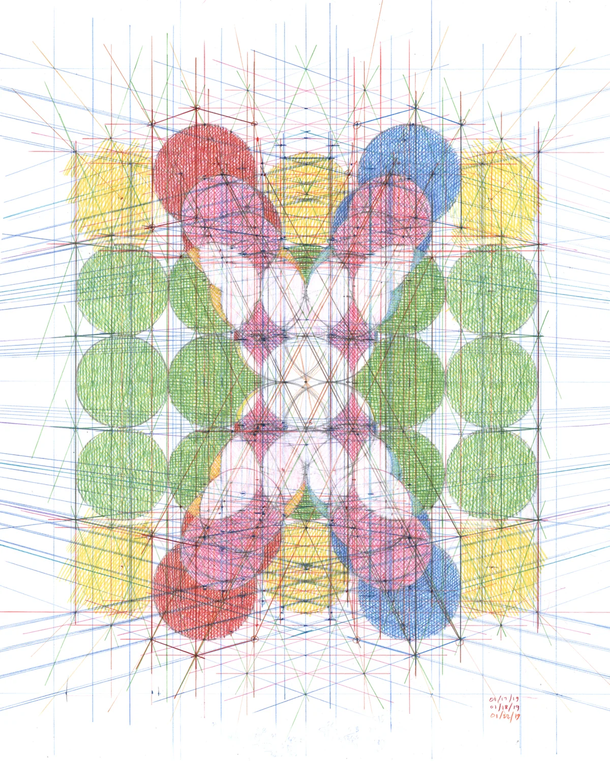 Plates, 2019, colored pencil on paper, 14 x 17 inches