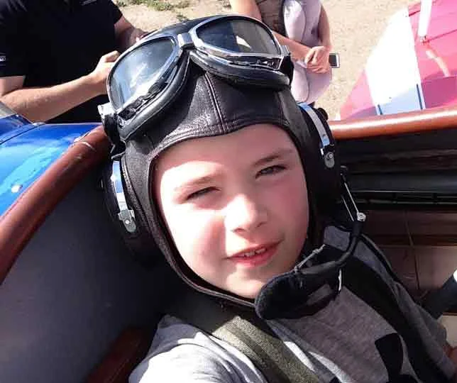 Young Nicky Meli getting set for his first Biplane Flight
